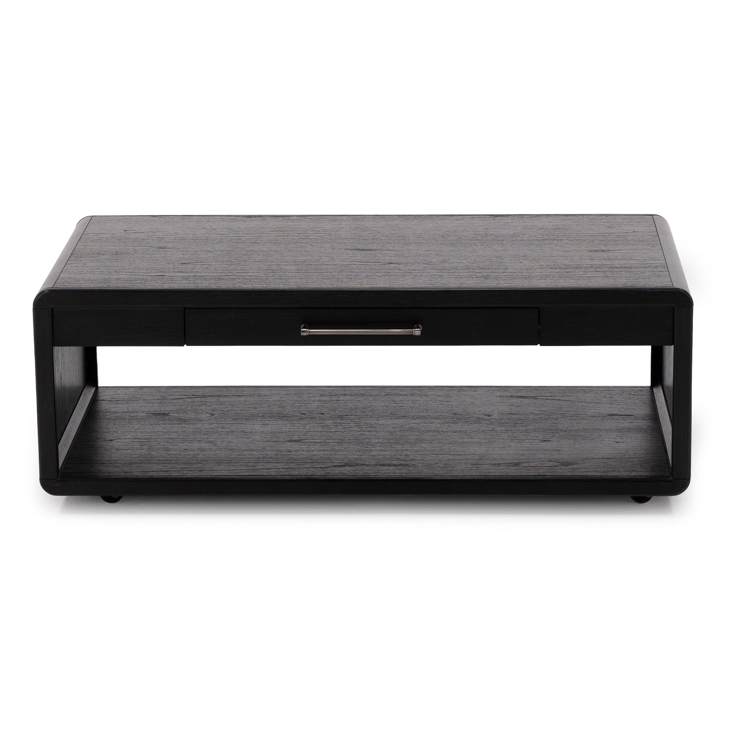 Rectangular black wood coffee table with a drawer and lower shelf, modern design.