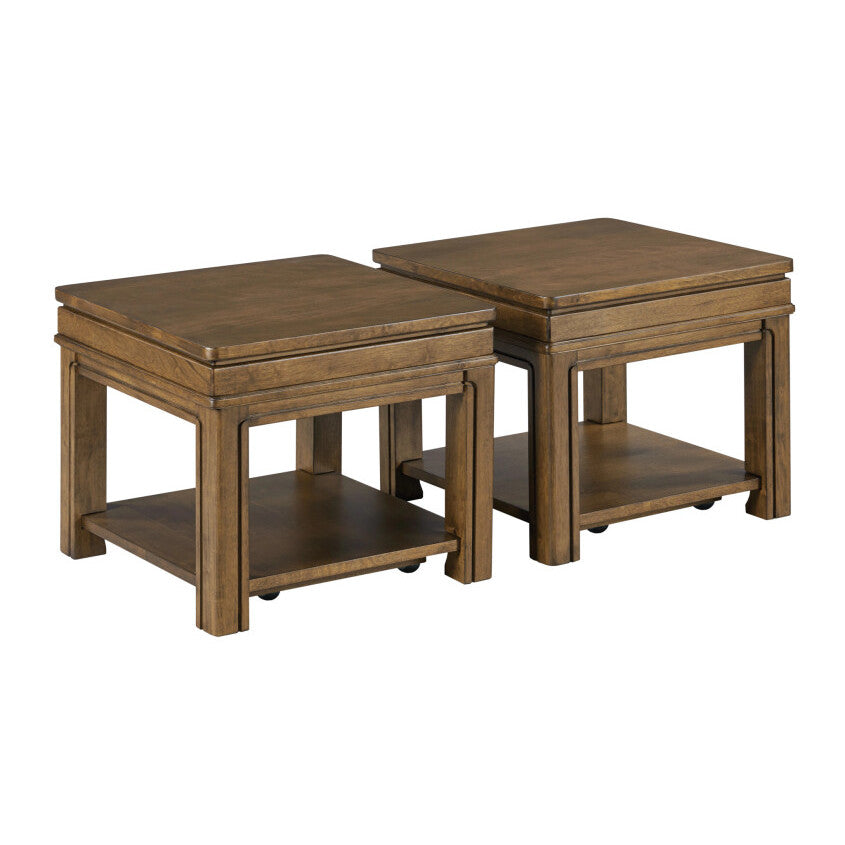 Pair of square wooden end tables with lower shelves.