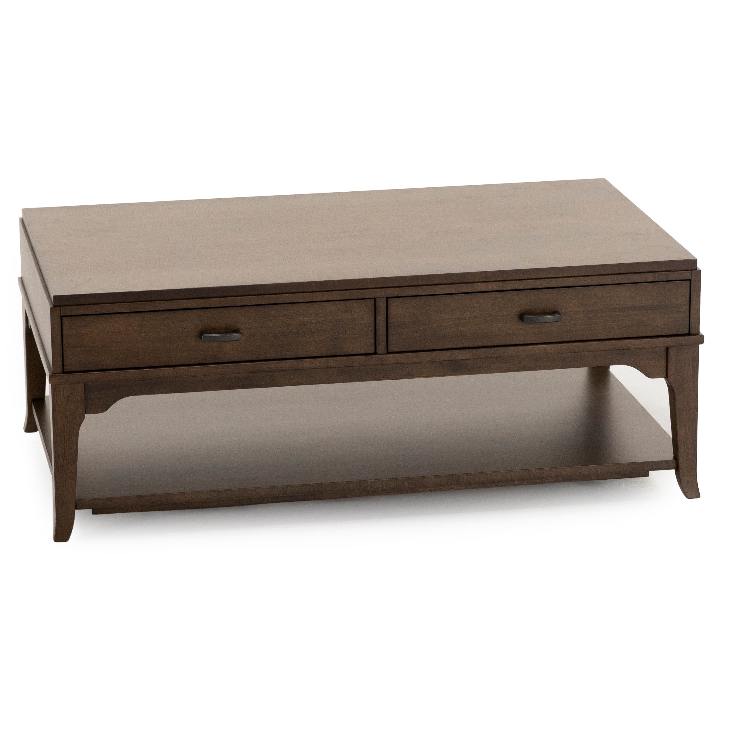 Rectangular wooden coffee table with two drawers and a lower shelf.