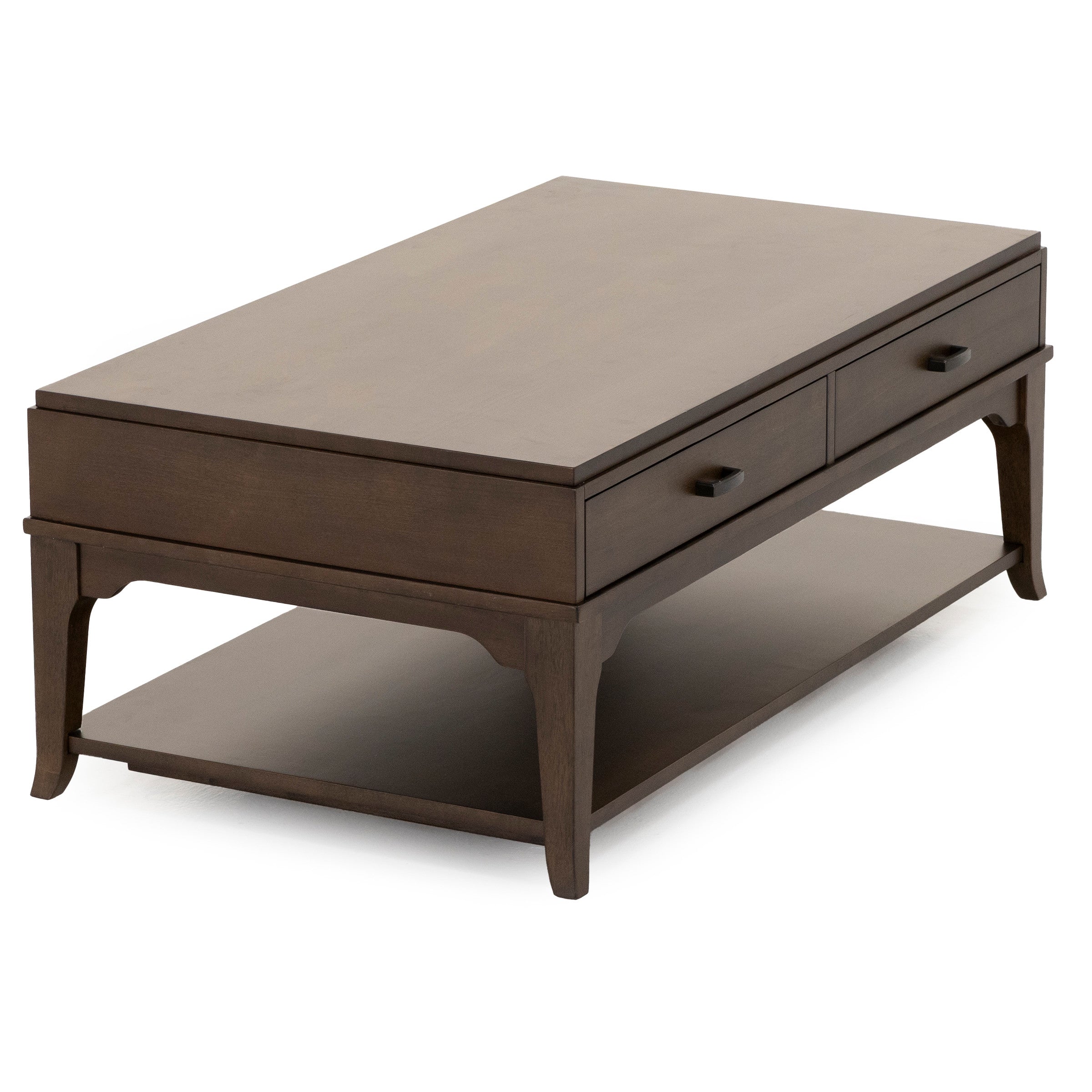 Wood coffee table with two drawers and lower shelf, shown in dark finish.