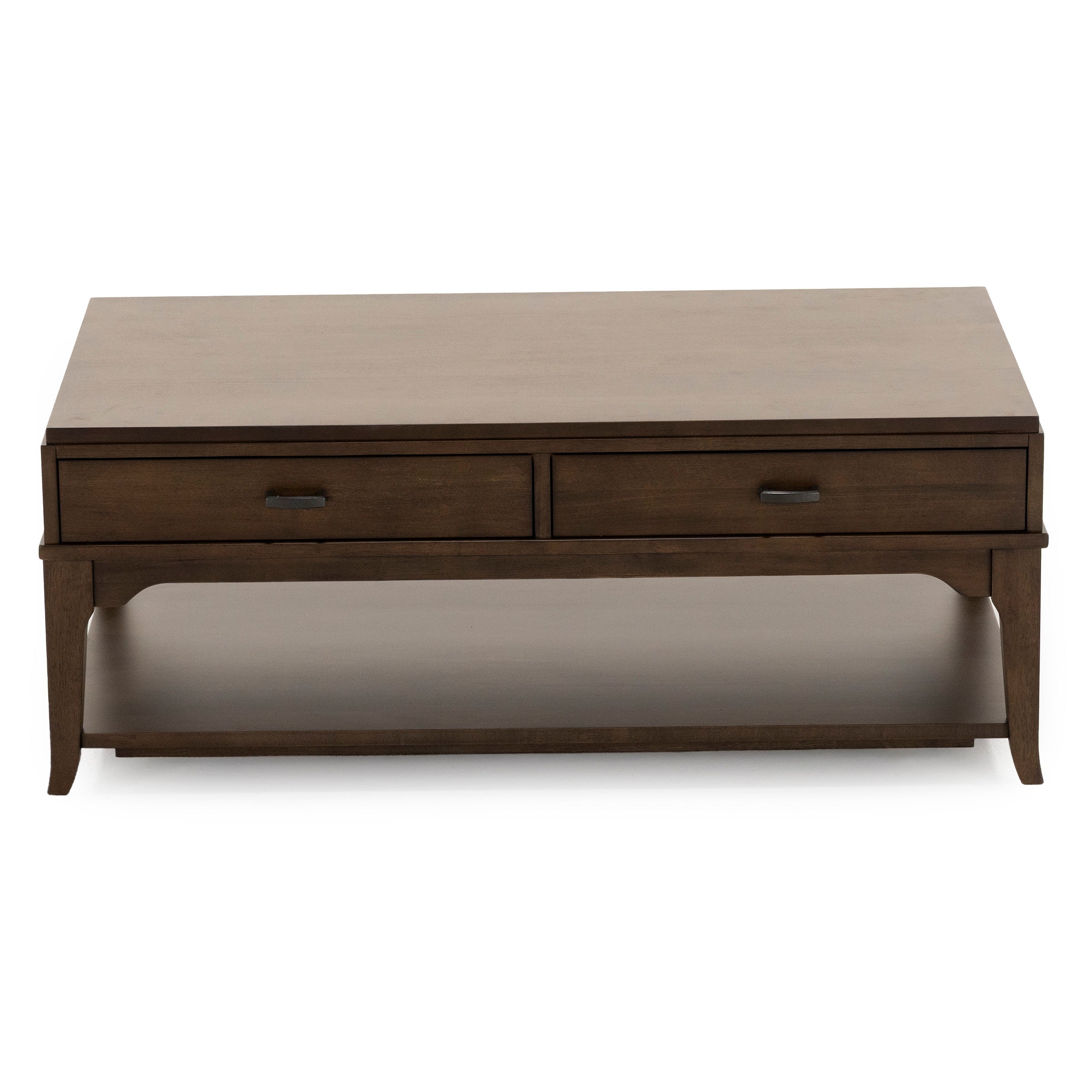 Rectangular wooden coffee table with two drawers and lower shelf.