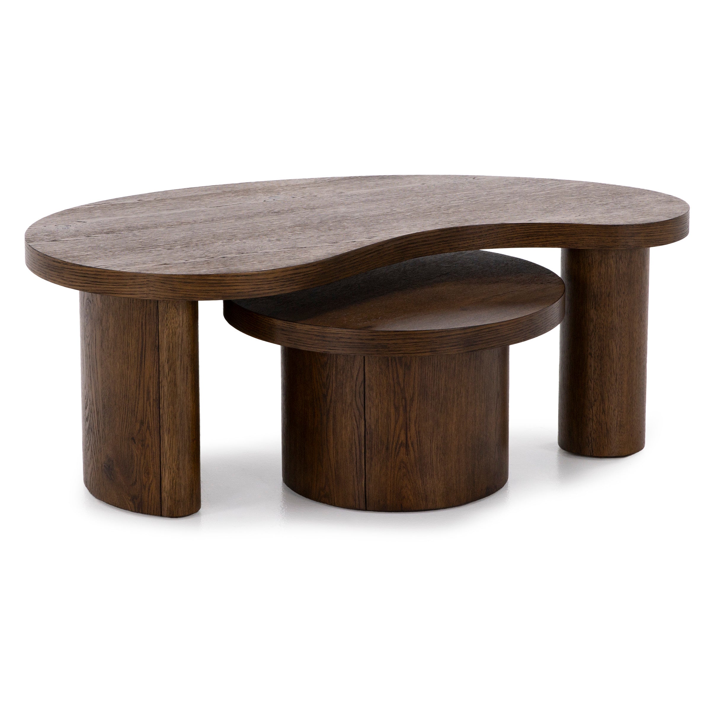 Modern wooden kidney-shaped coffee table with cylindrical legs.