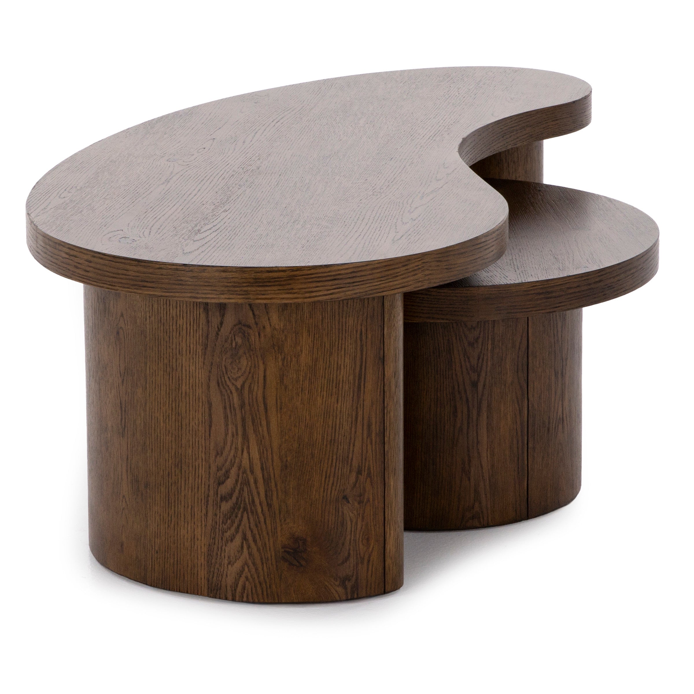 Dark wood kidney-shaped coffee table with rounded base.