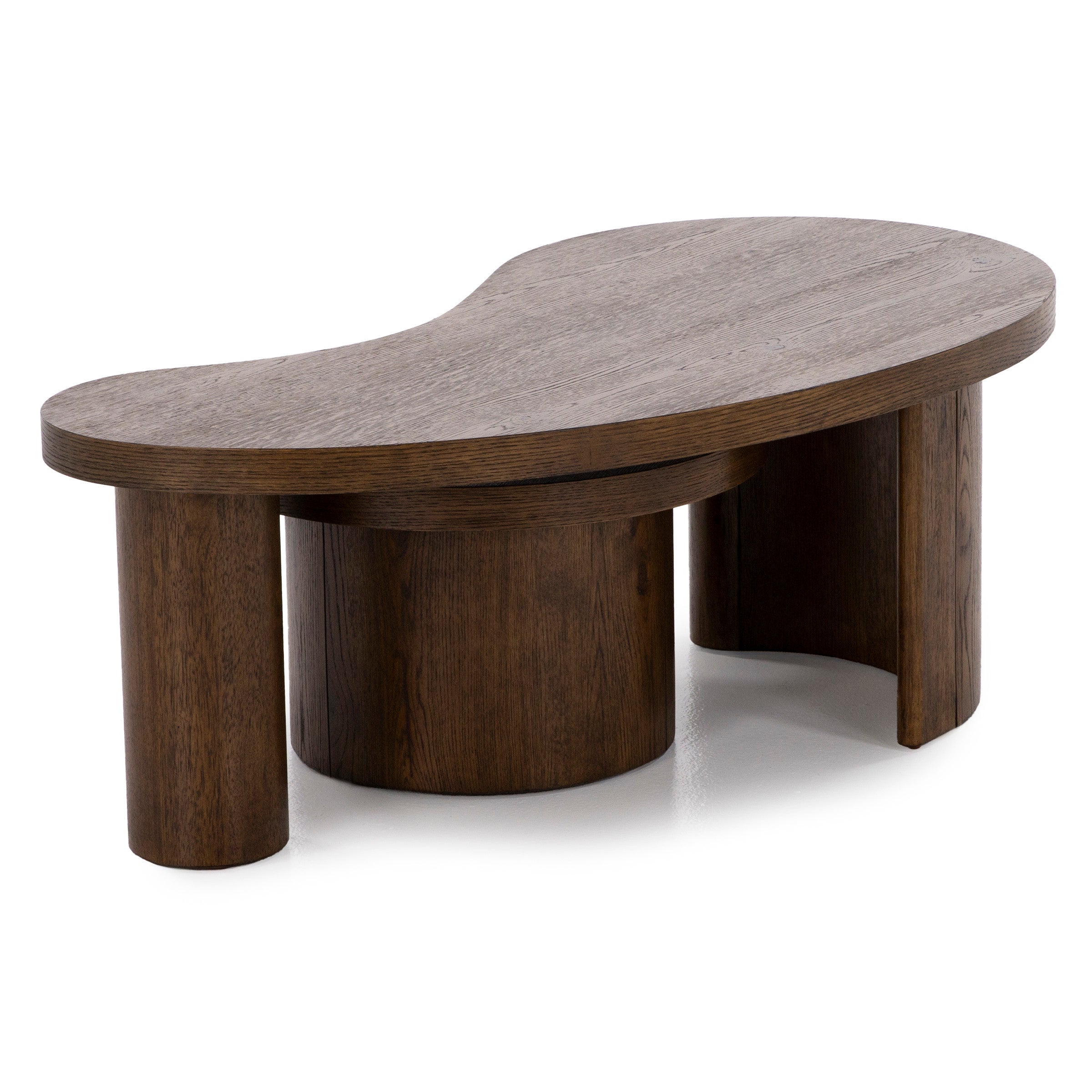 Modern dark wood coffee table with an organic kidney-shaped top and round legs.