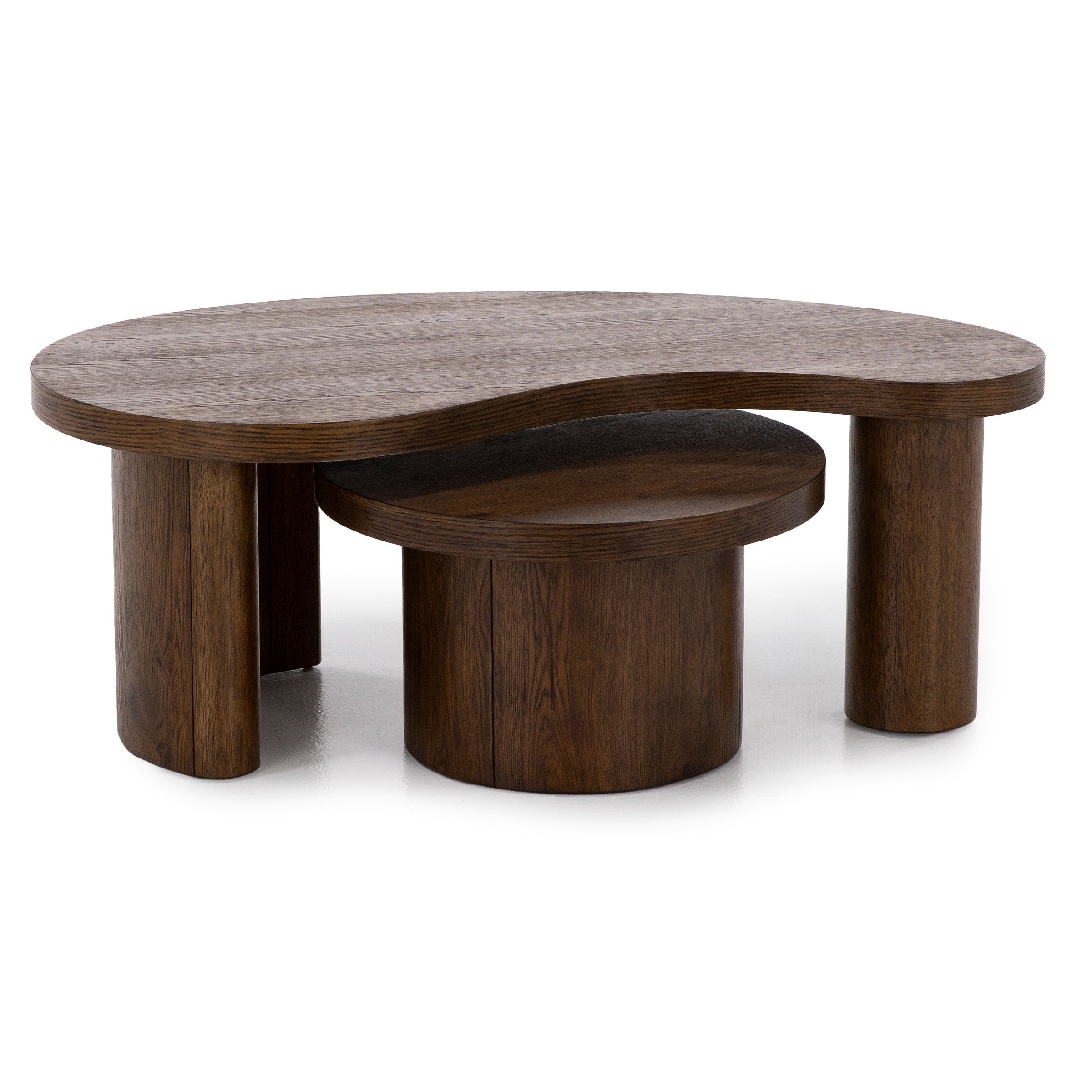 Modern kidney-shaped wooden coffee table with cylindrical legs and a lower shelf.