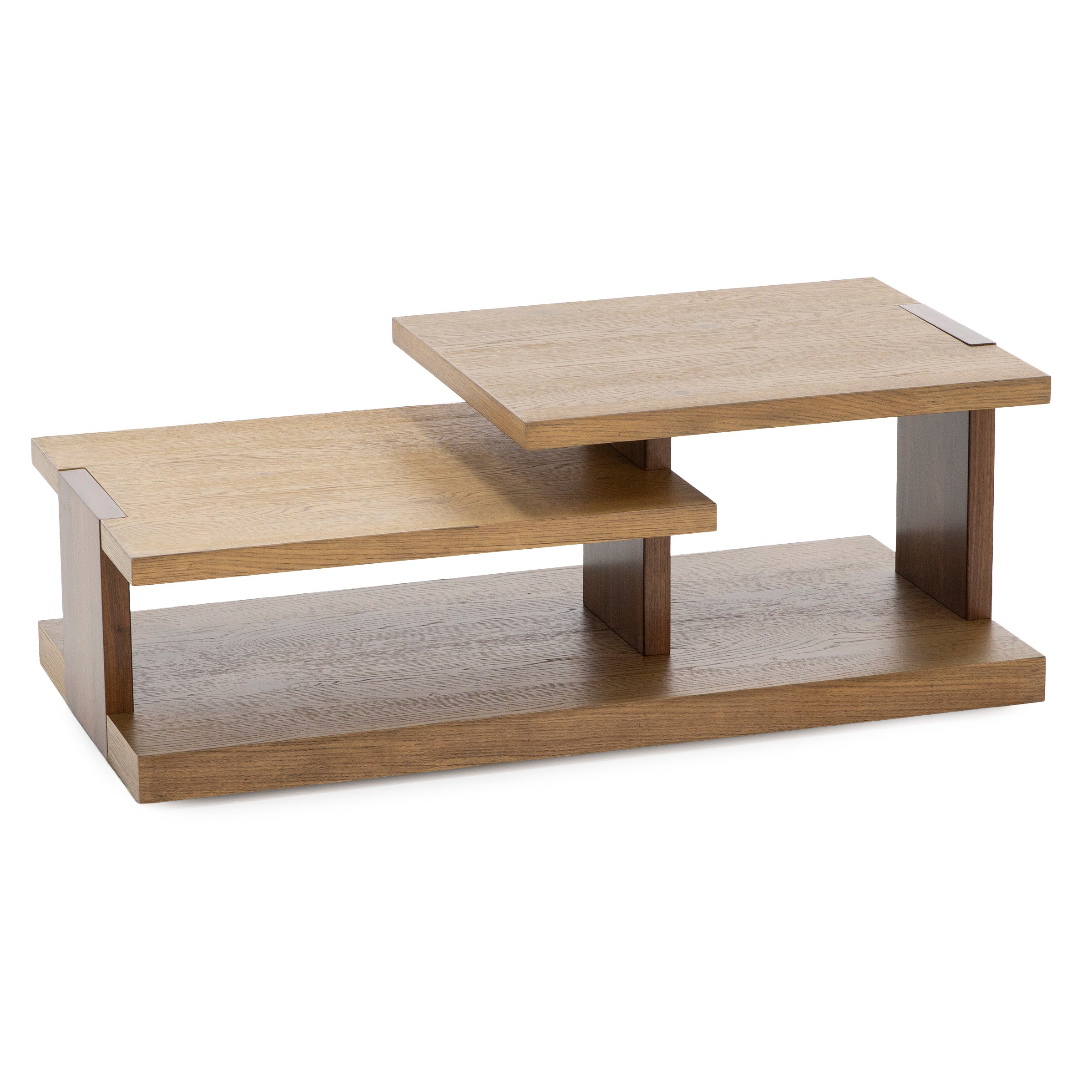 Modern two-tier wooden coffee table with rectangular surfaces and clean lines.