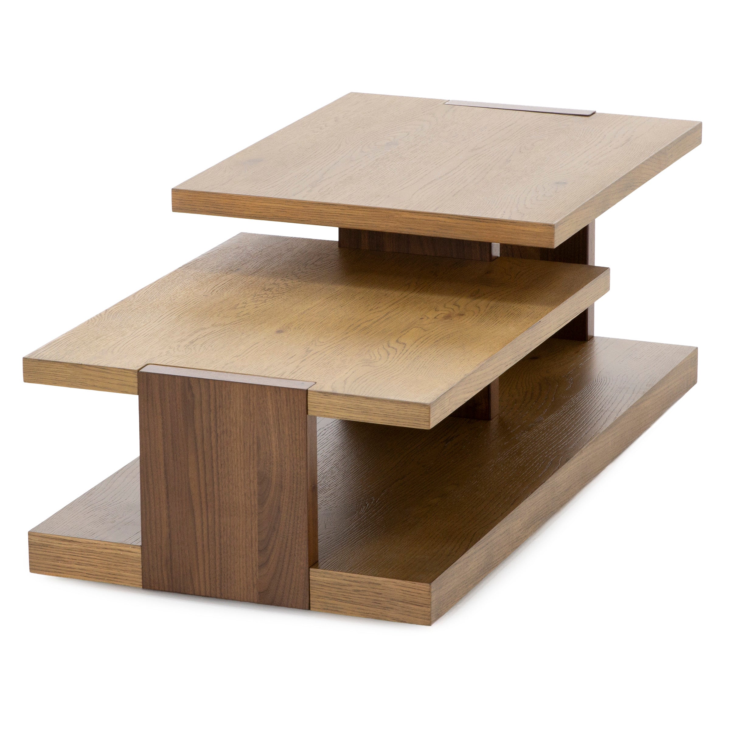 Three-tier modern wood coffee table with staggered shelves.