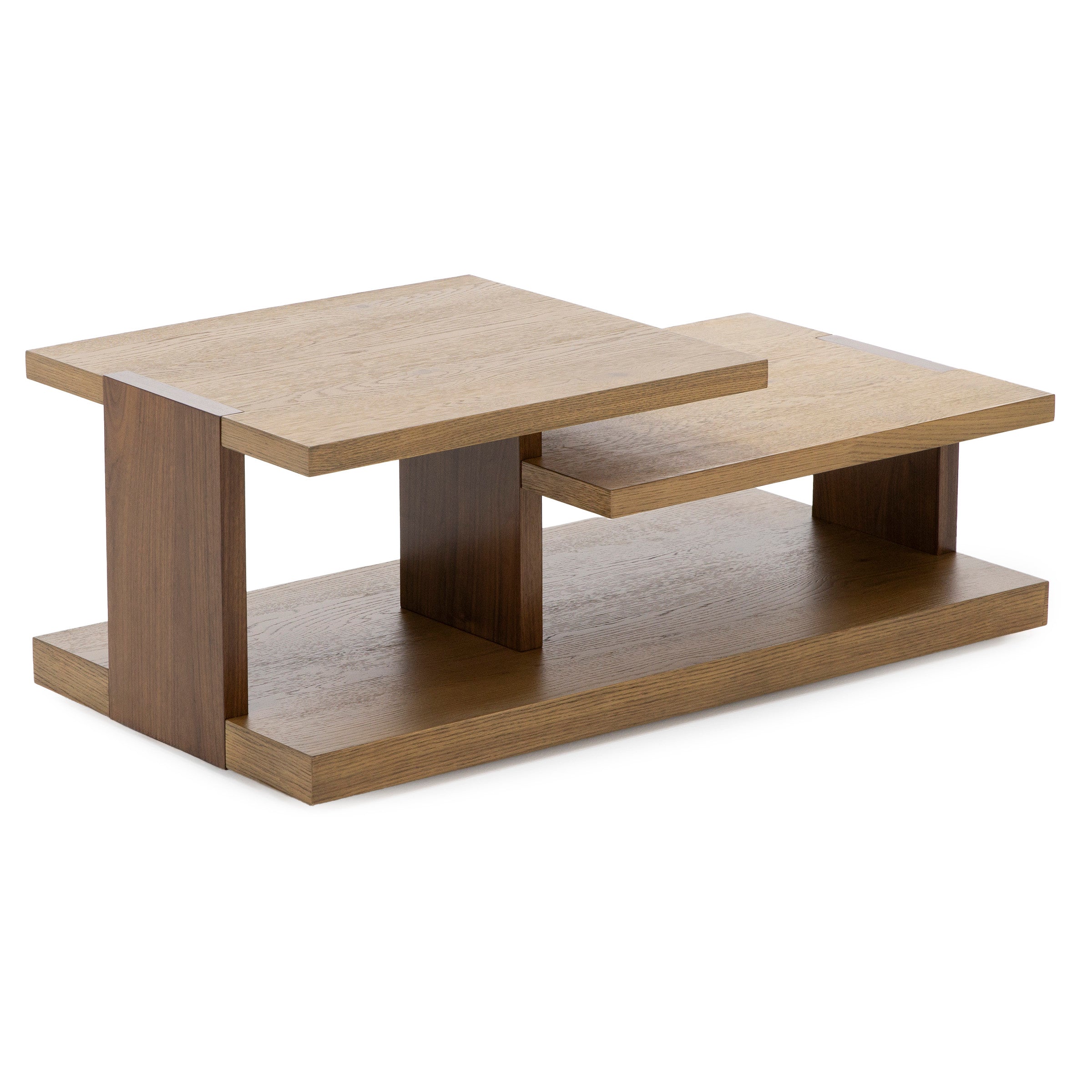 Rectangular wood coffee table with staggered tiered shelves.