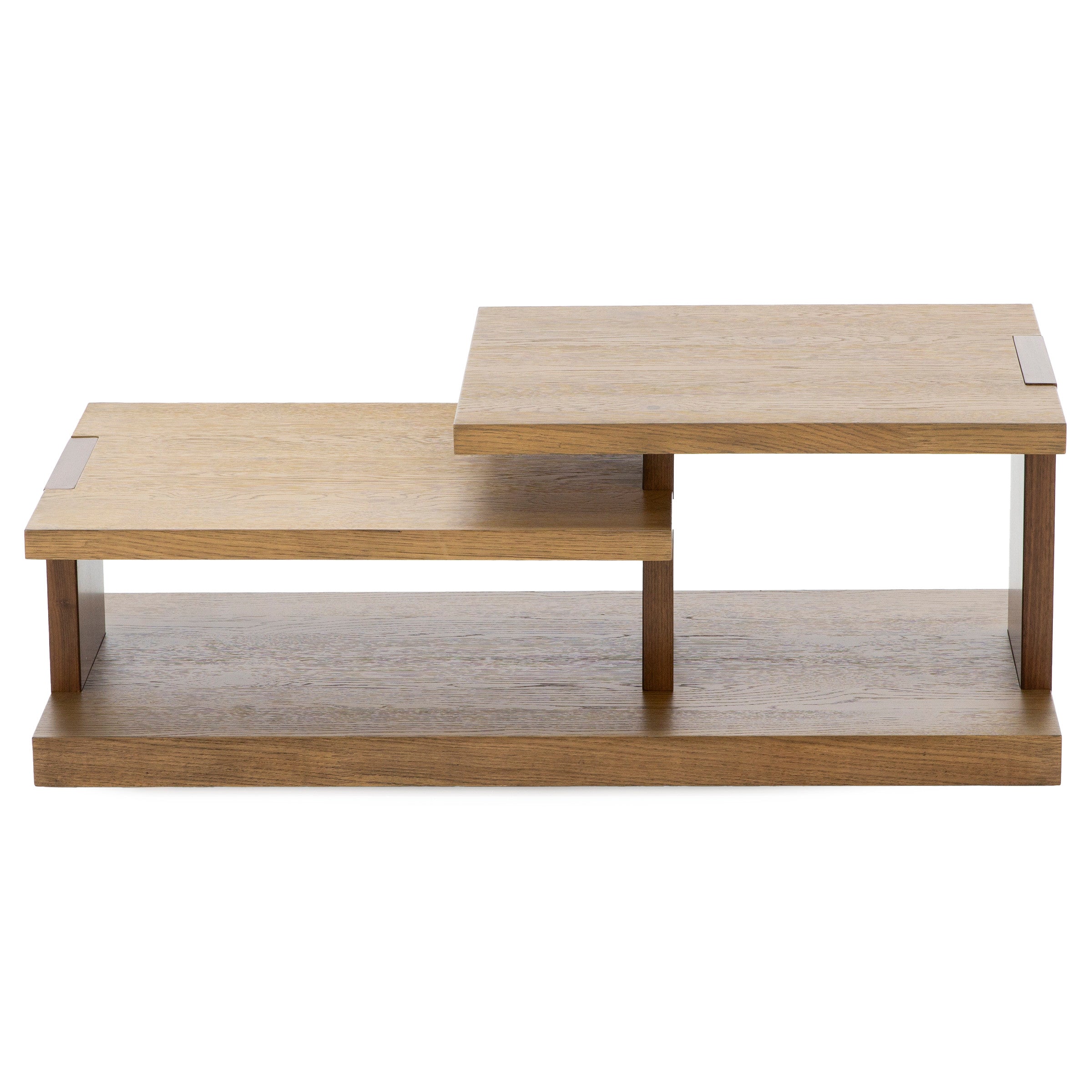 Modern two-tier wooden coffee table with staggered rectangular surfaces.