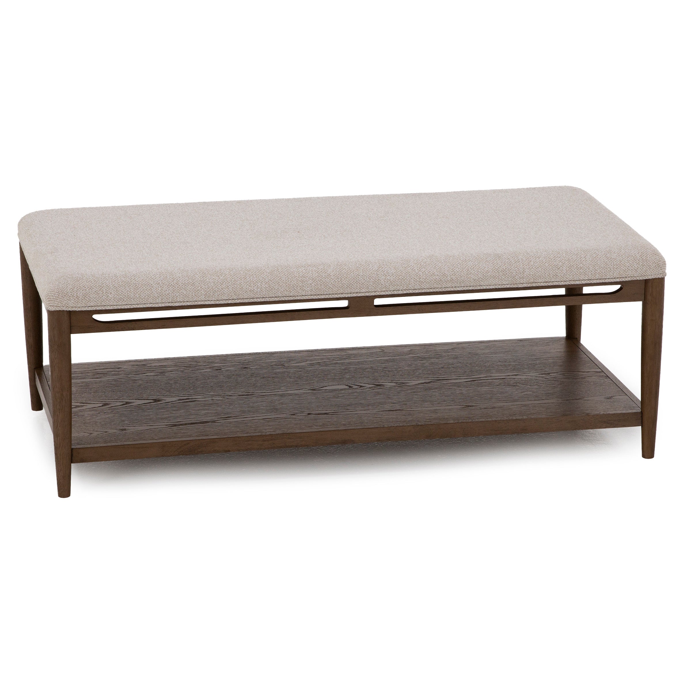 Upholstered bench with wood frame and lower shelf for storage.