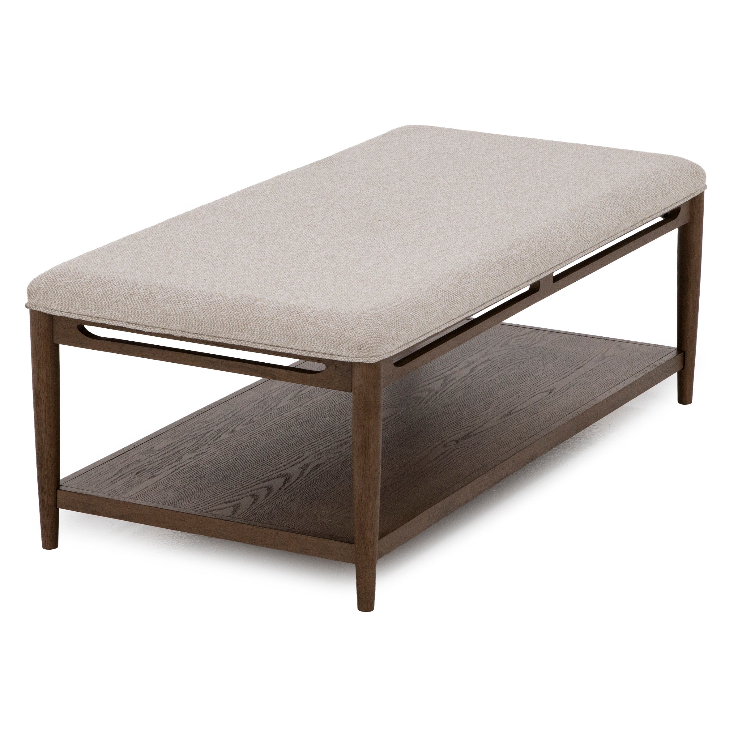 Upholstered bench with lower wood shelf for storage.