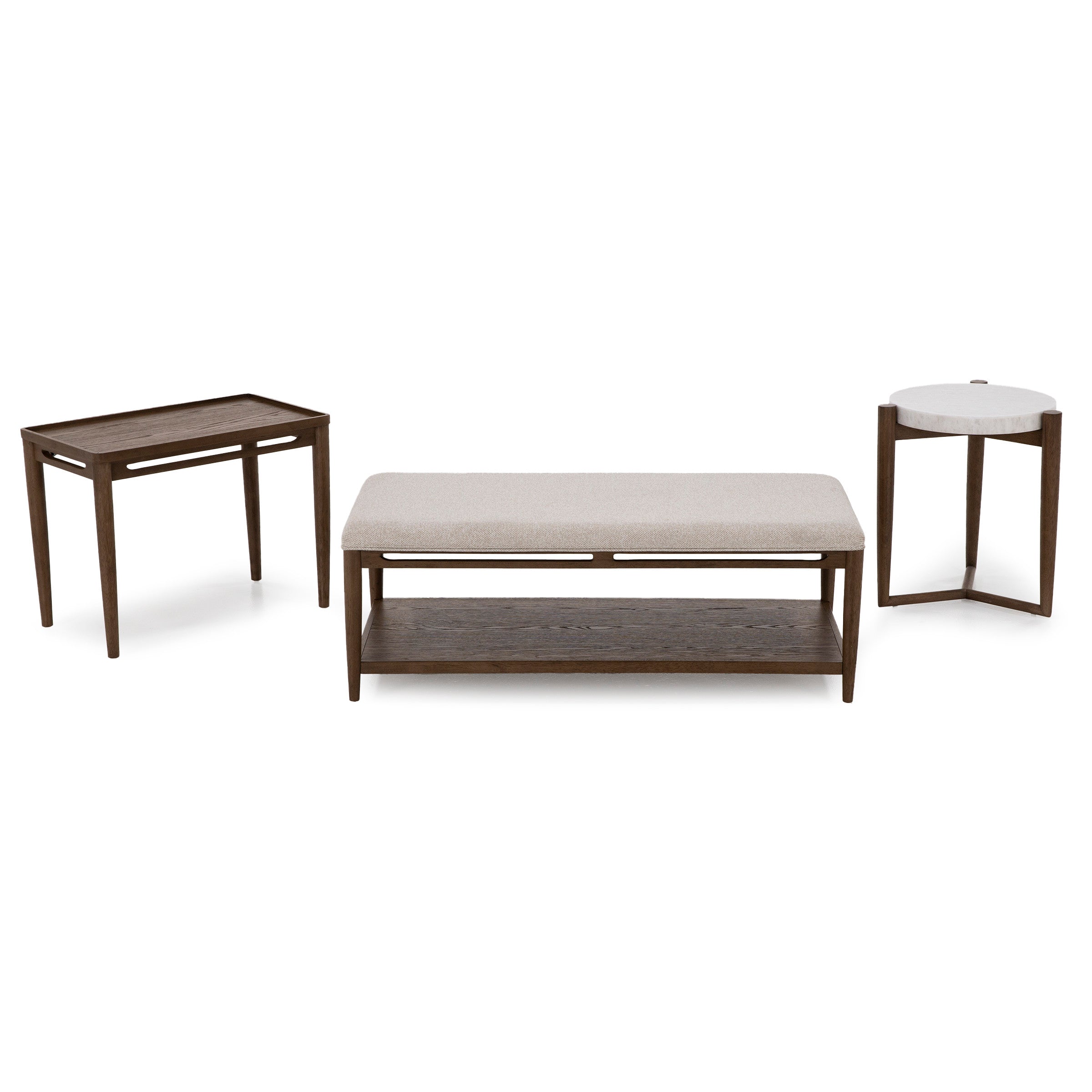 Three wood and fabric accent tables in modern design on white background.