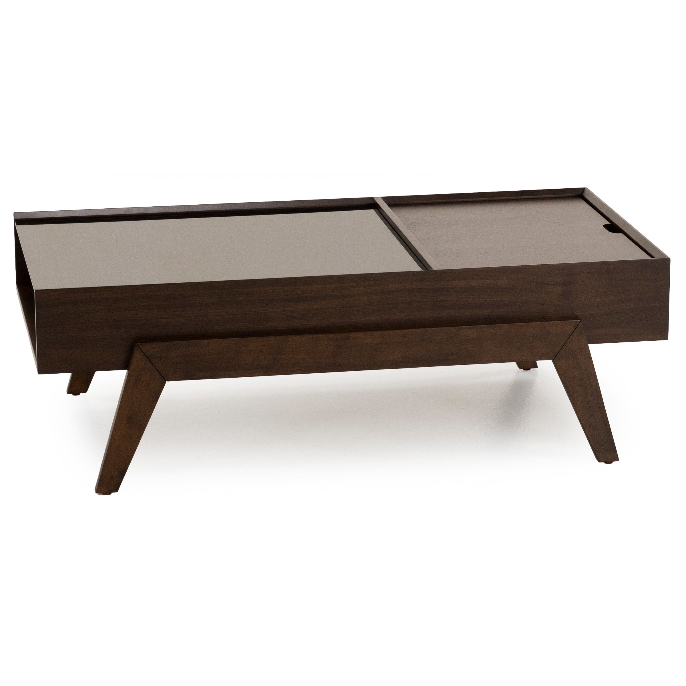 Mid-century modern coffee table with dark wood finish and sliding top for storage
