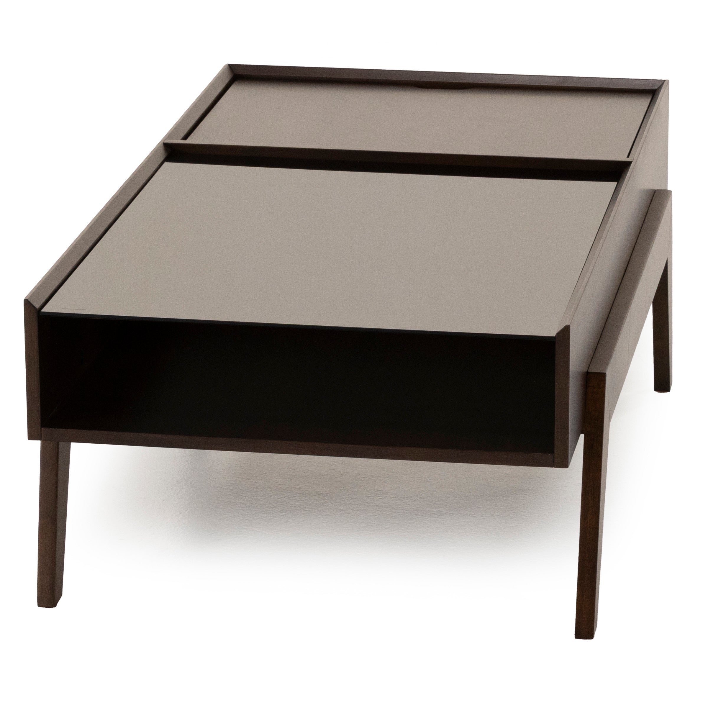 Rectangular dark wood coffee table with open shelf and angled legs.