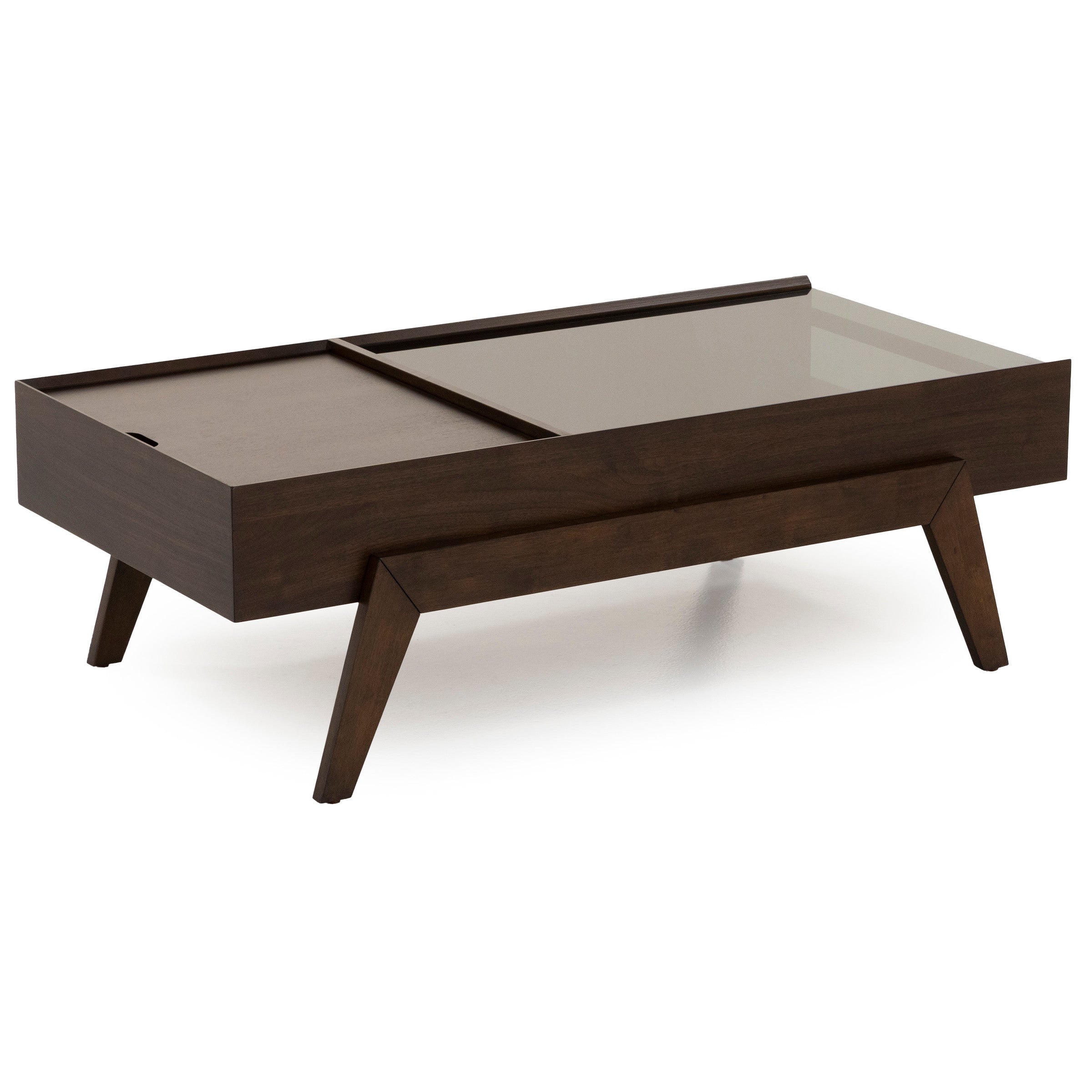 Mid-century modern wood coffee table with split top design and angled legs.
