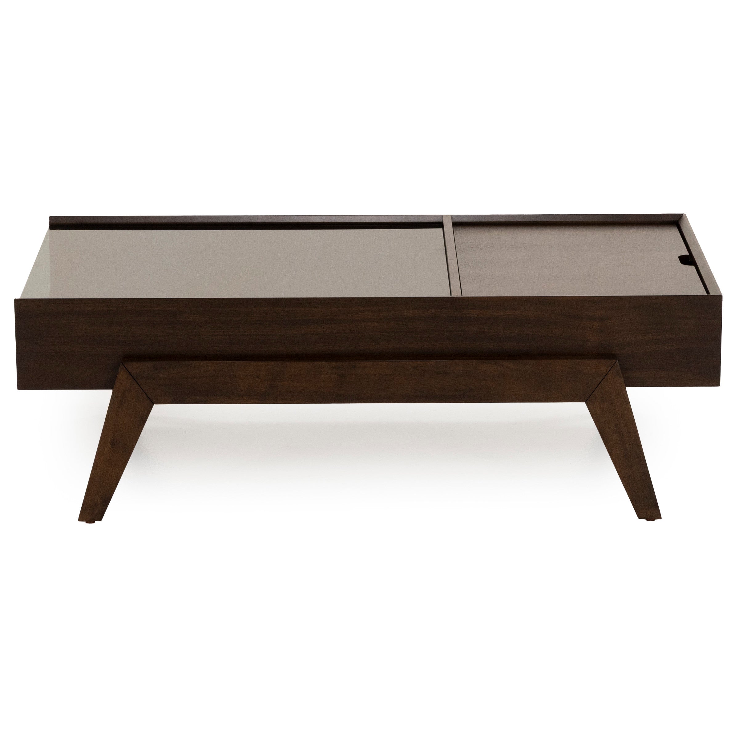 Rectangular dark wood coffee table with angled legs and sliding top panels.
