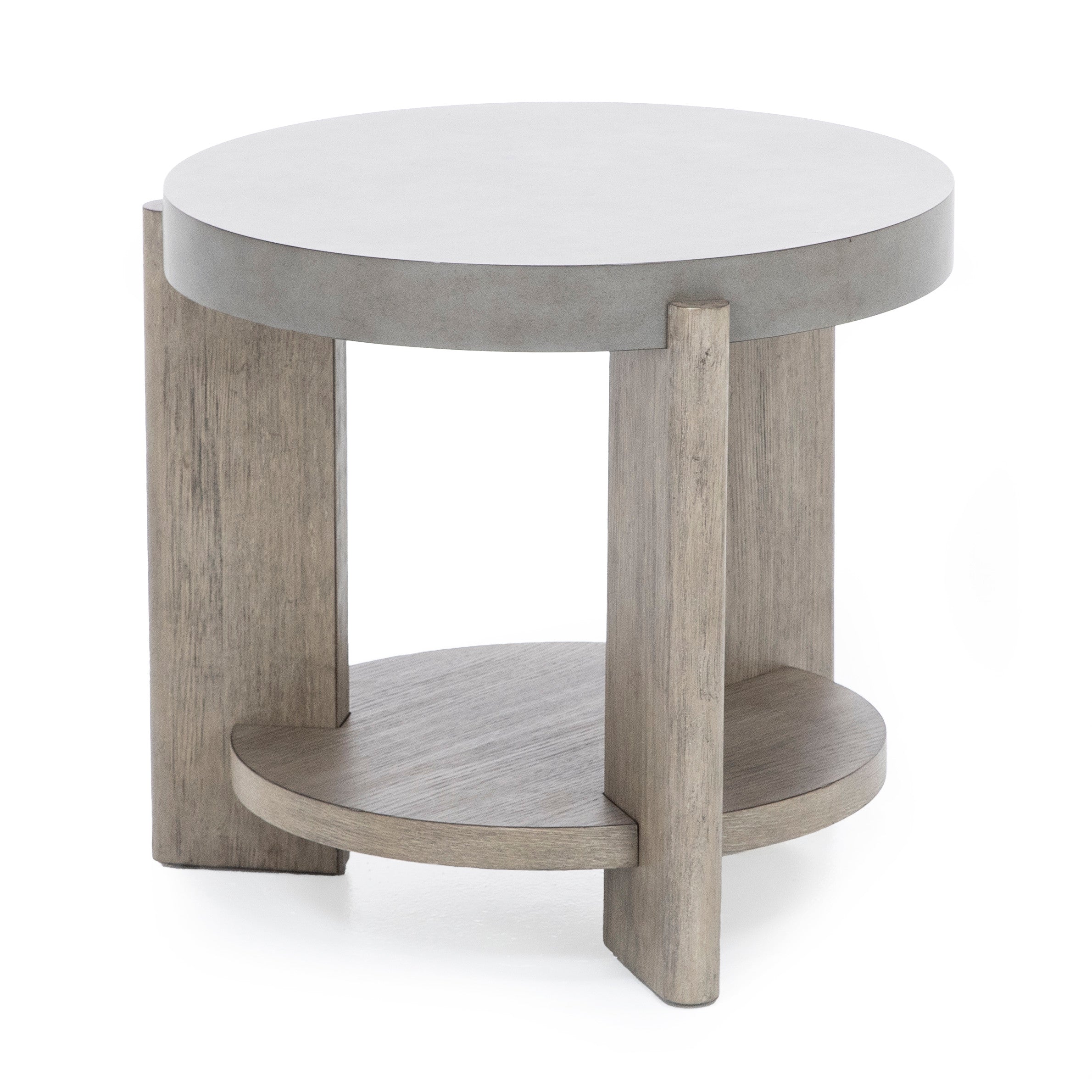 Round wood side table with lower shelf in light gray finish.