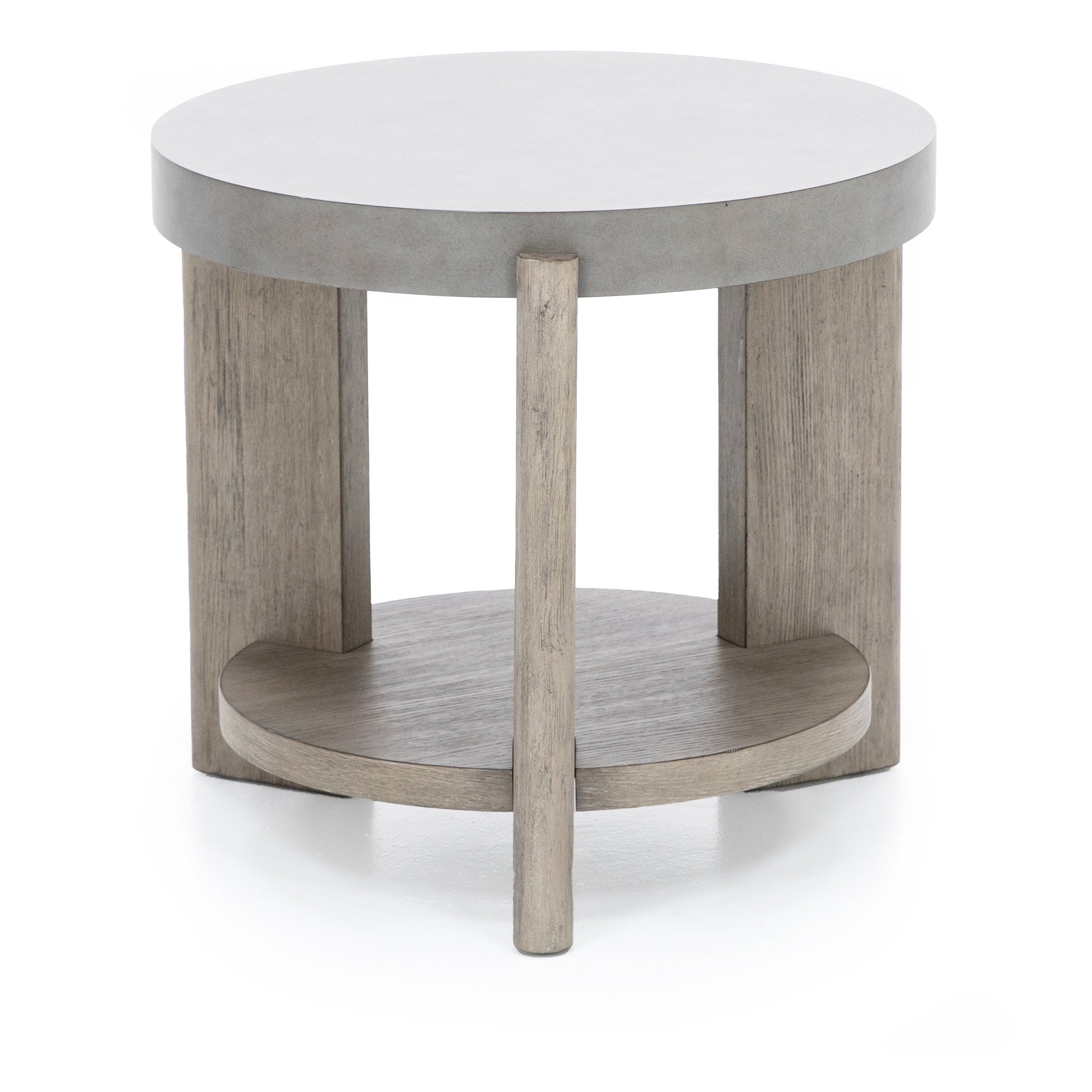 Round wood side table with lower shelf, light gray finish.