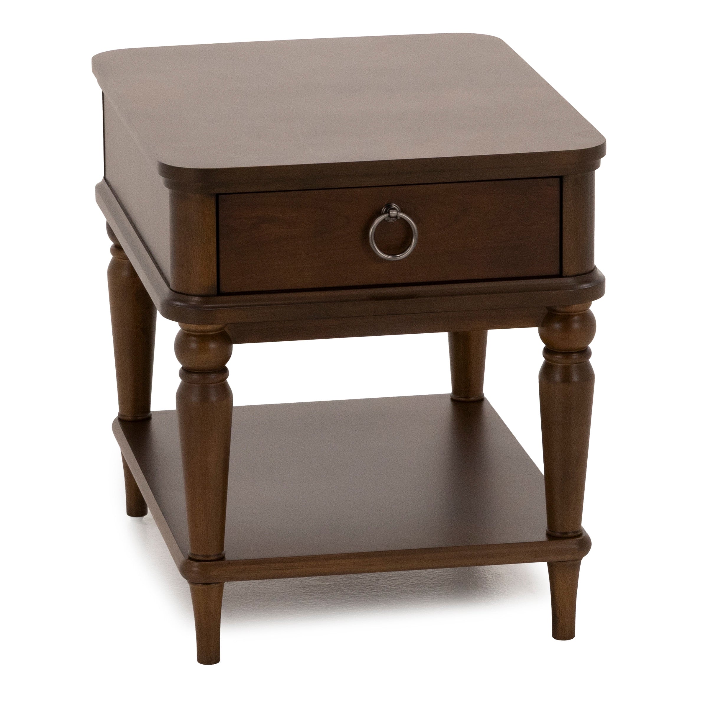 Wooden end table with drawer and lower shelf.