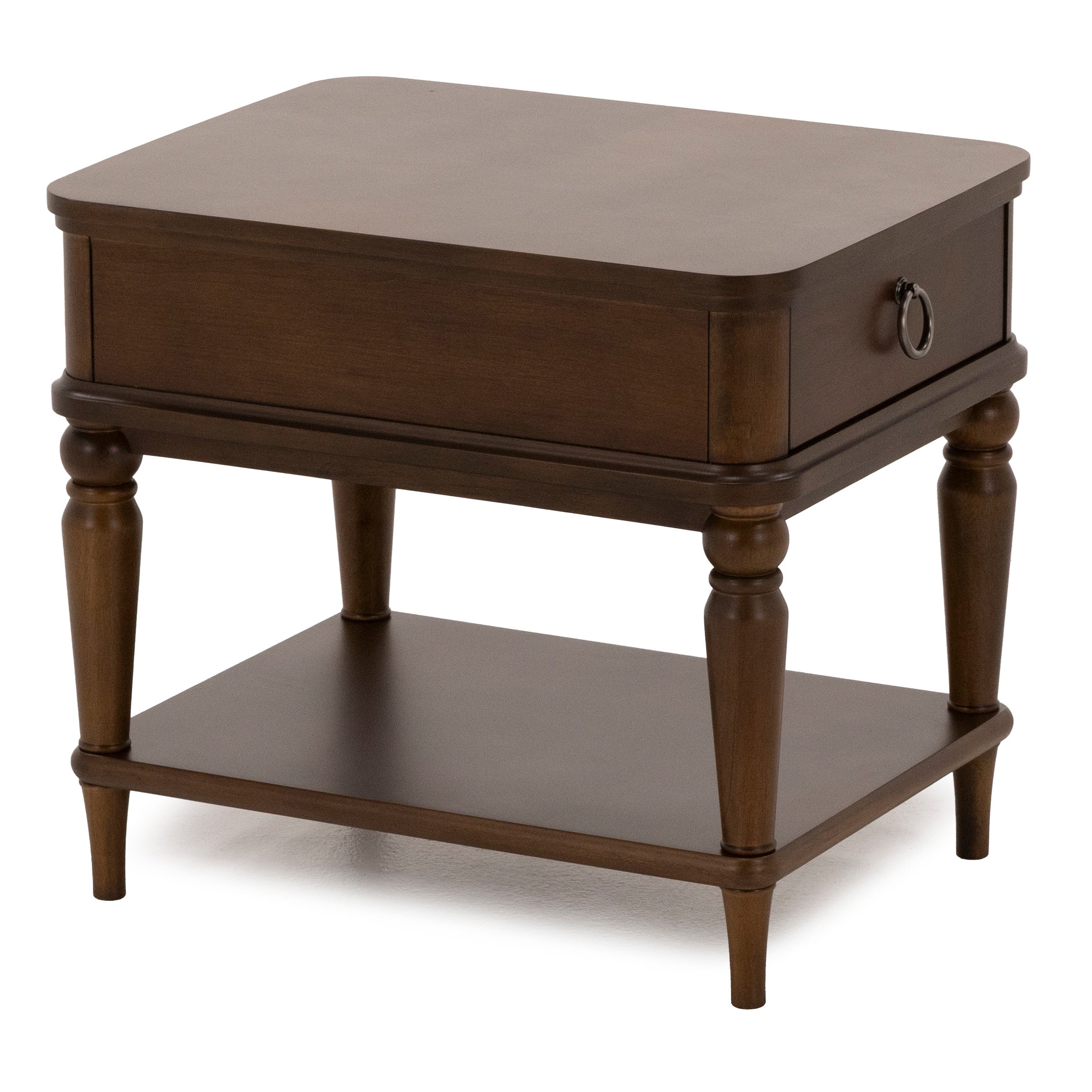 Wood nightstand with drawer and lower shelf, suitable for bedroom storage.