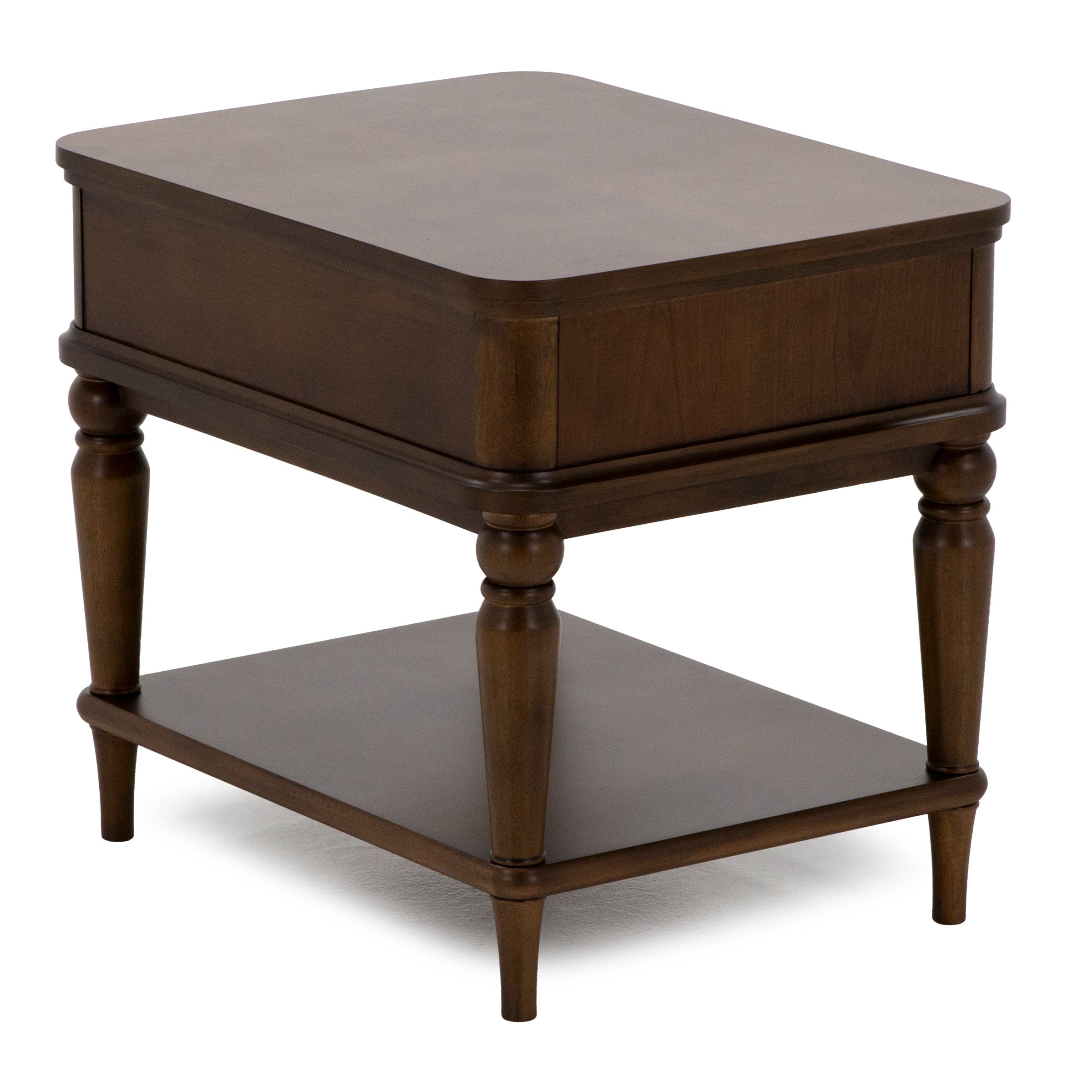 Wooden end table with single drawer and lower shelf.