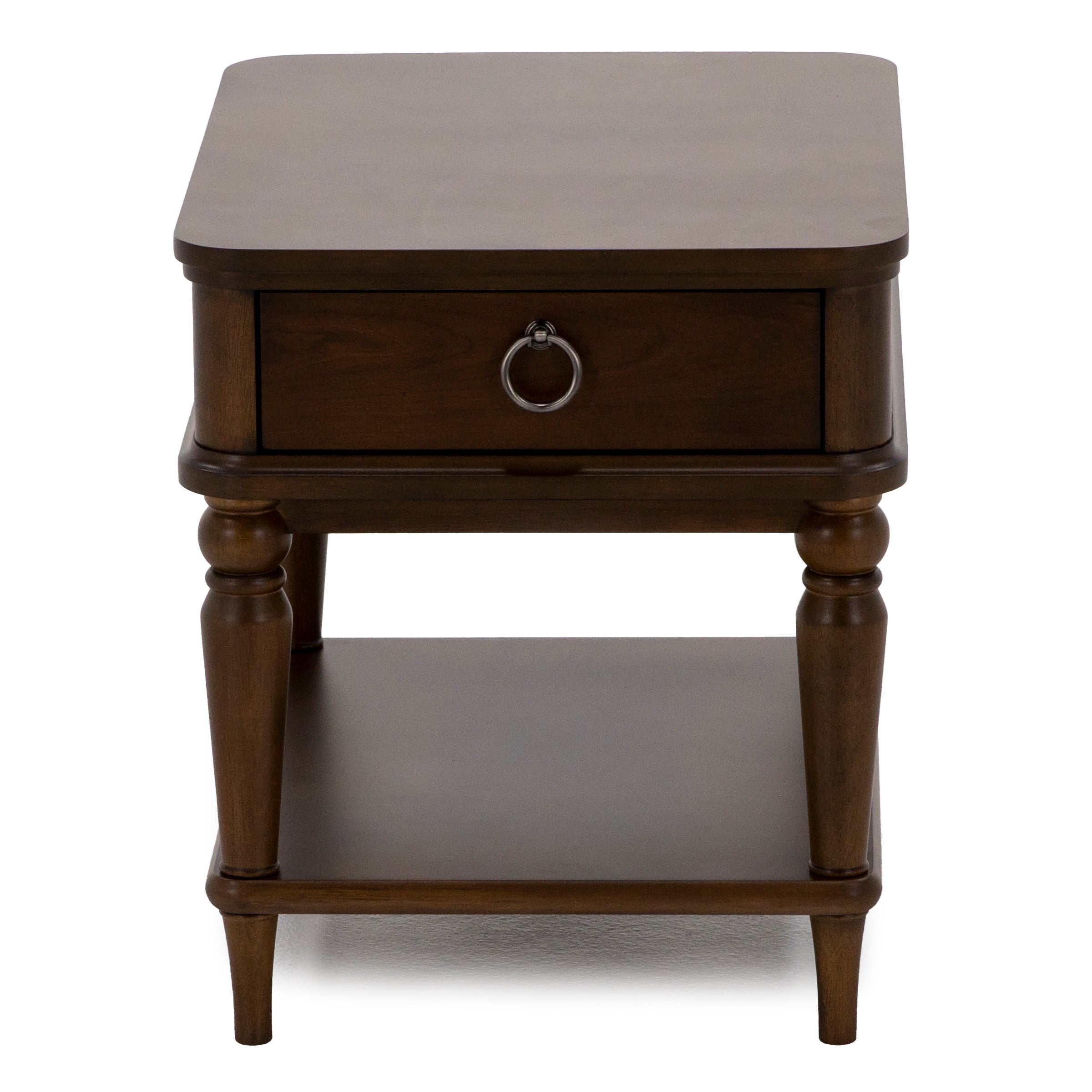 Wood end table with one drawer and lower shelf.