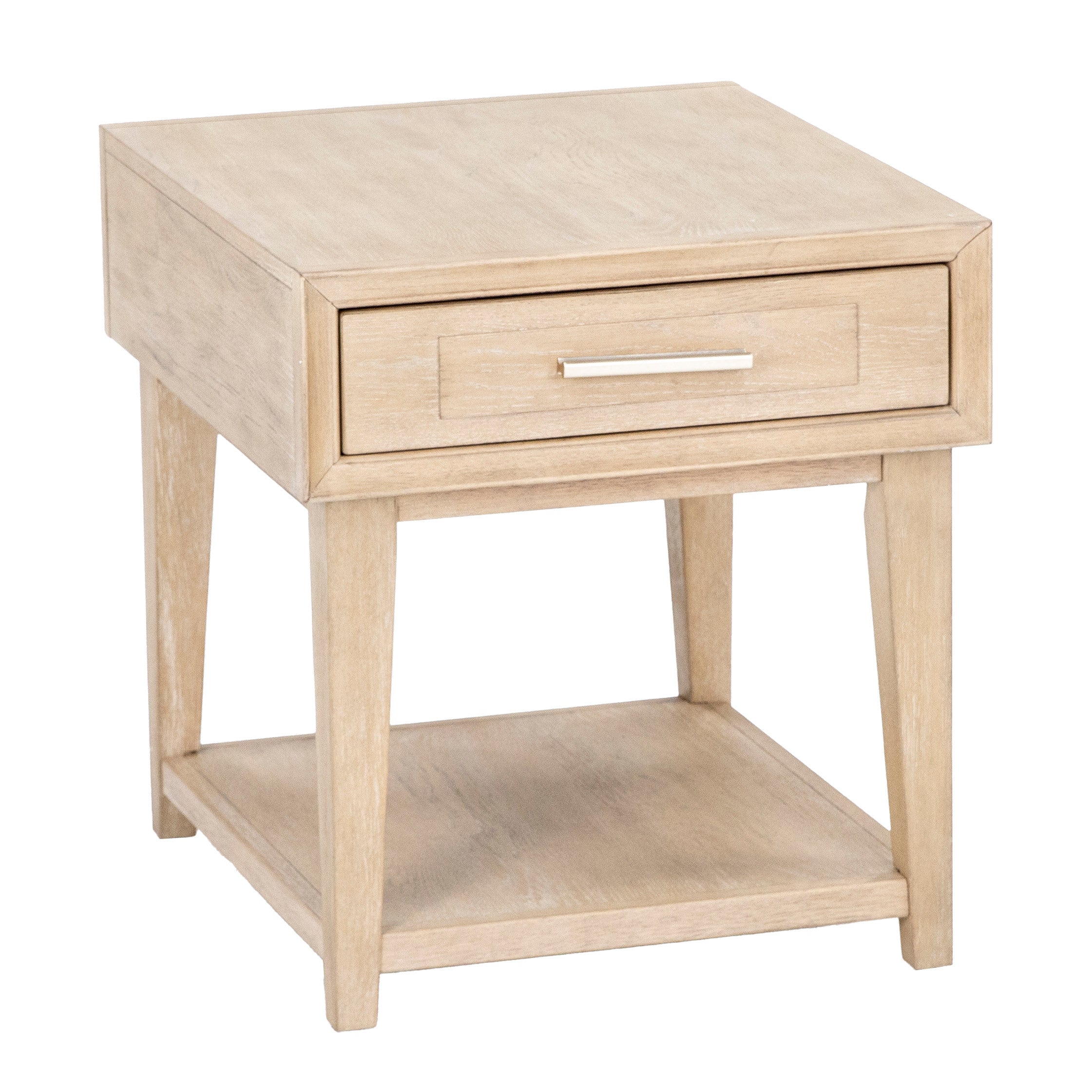 Light wood end table with a single drawer and lower shelf.