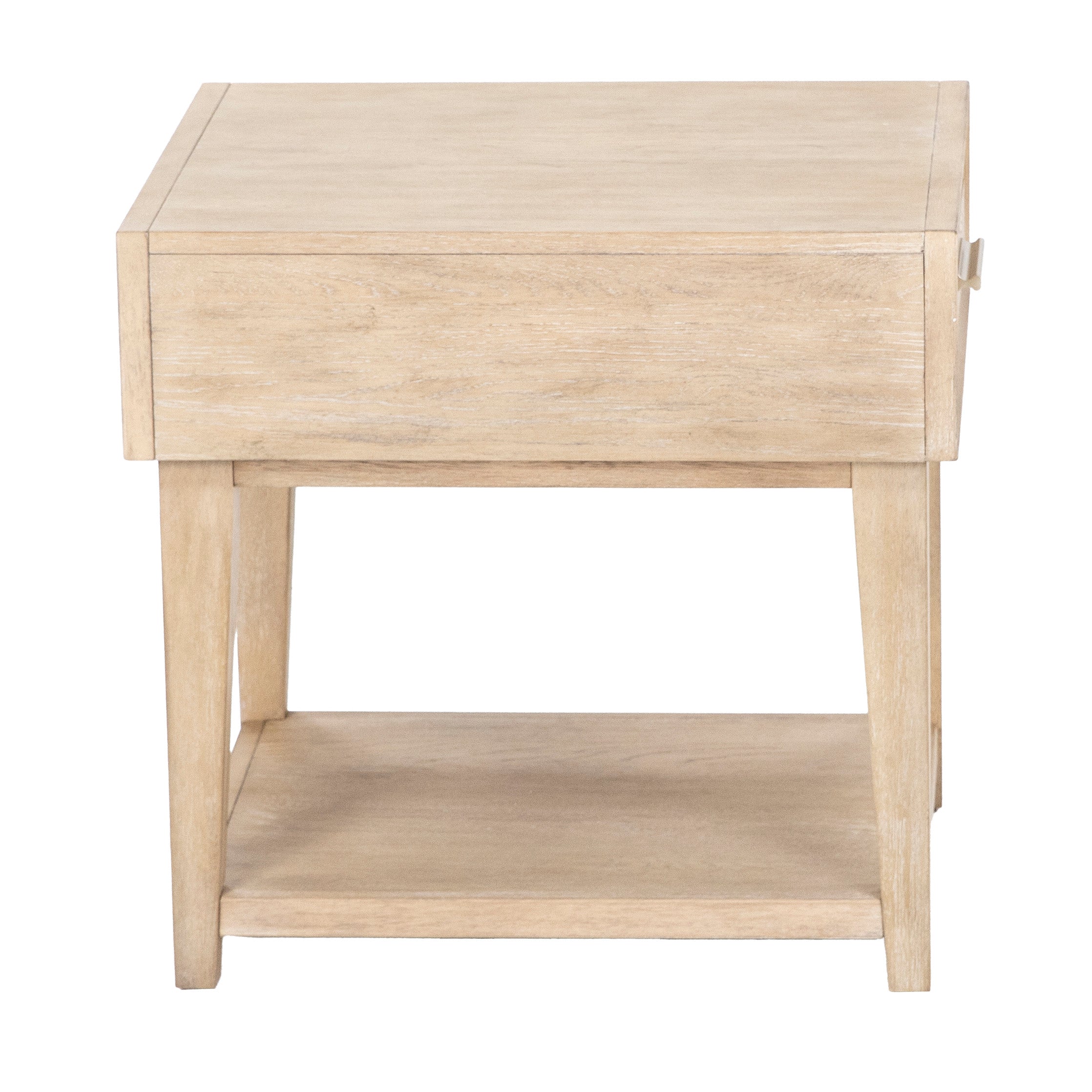 Light wood side table with a single drawer and lower shelf.