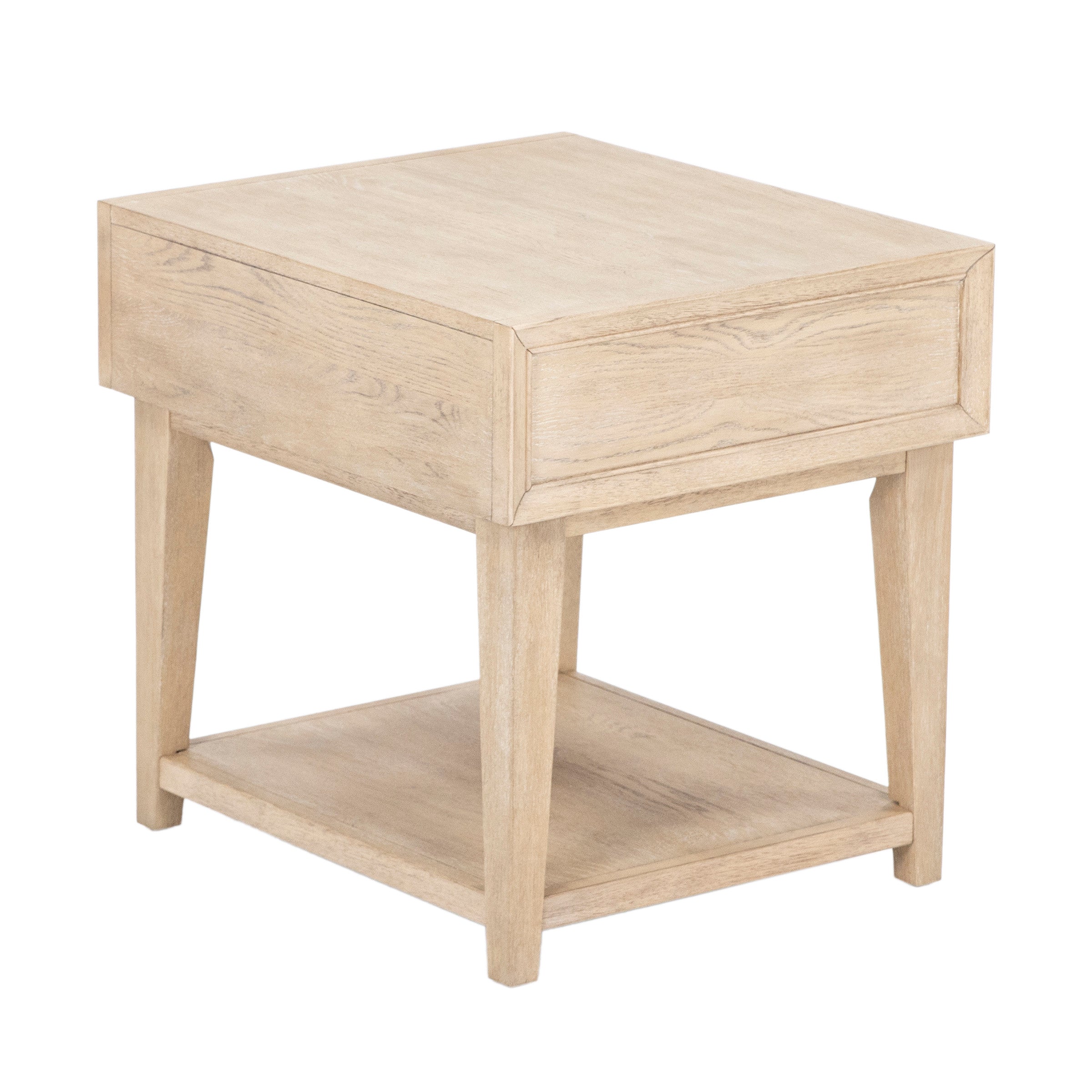 Light wood side table with tapered legs and a lower shelf.