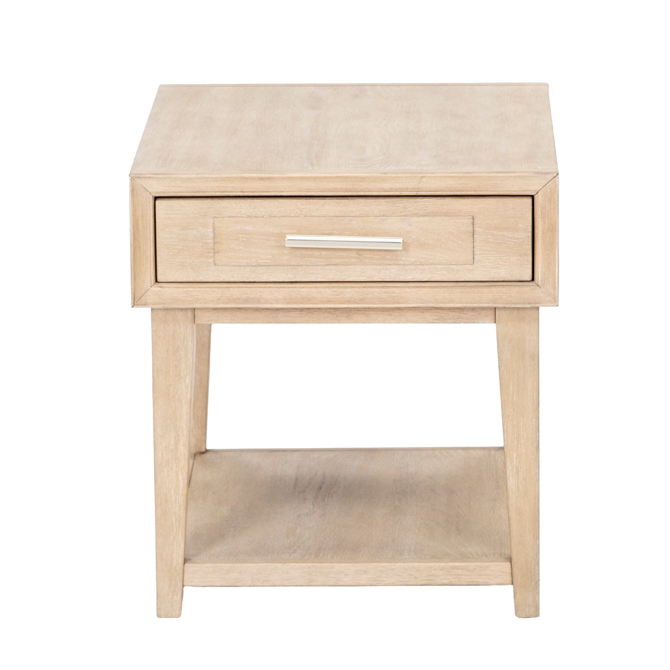 Light wood nightstand with one drawer and a lower shelf, front view.