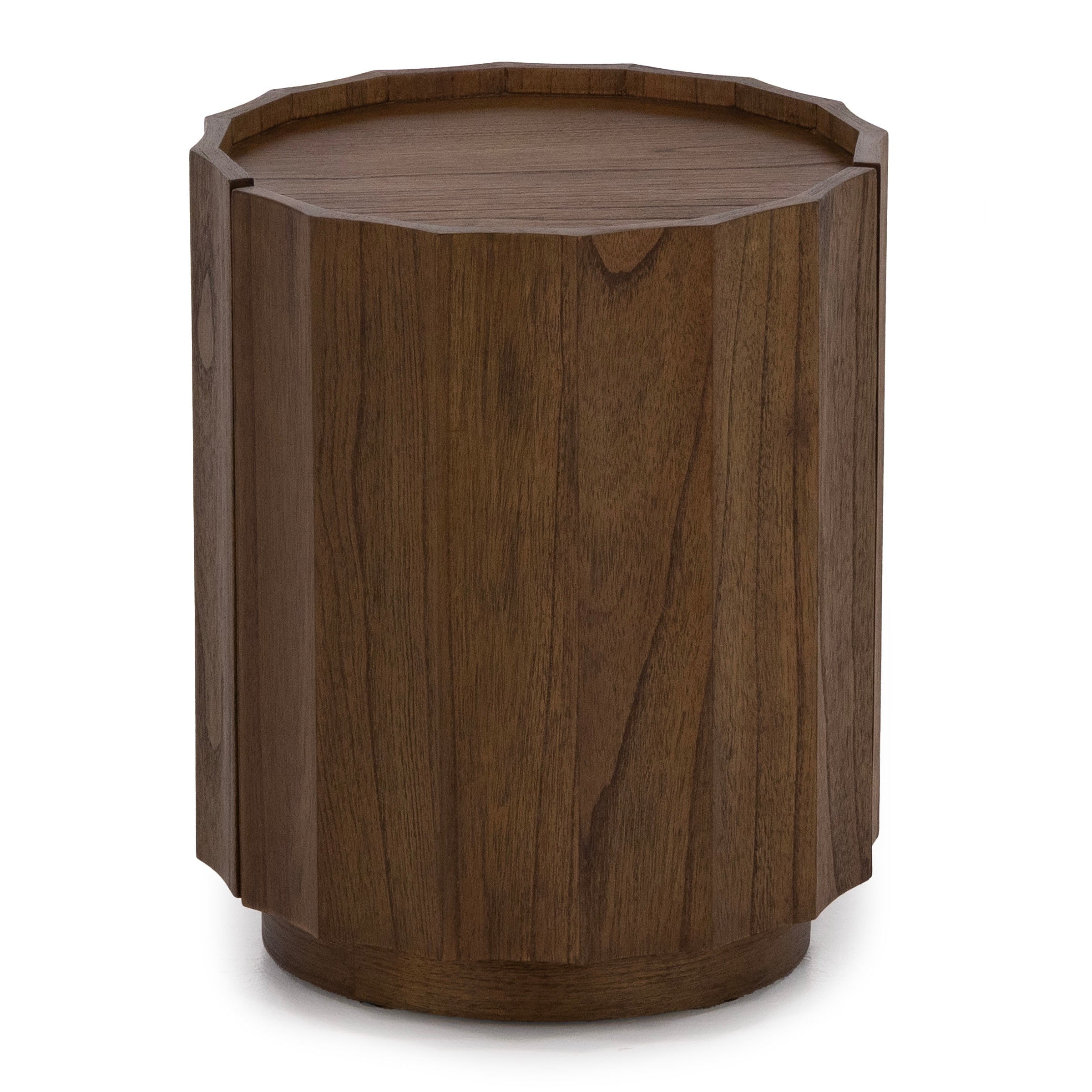 Round wooden side table with faceted sides.