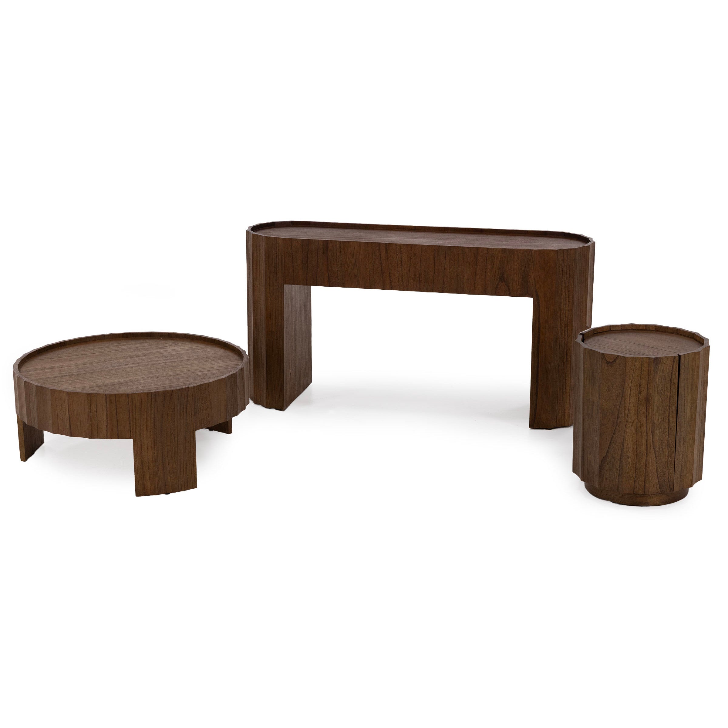 Set of three modern wooden tables with rounded edges and grooved sides.