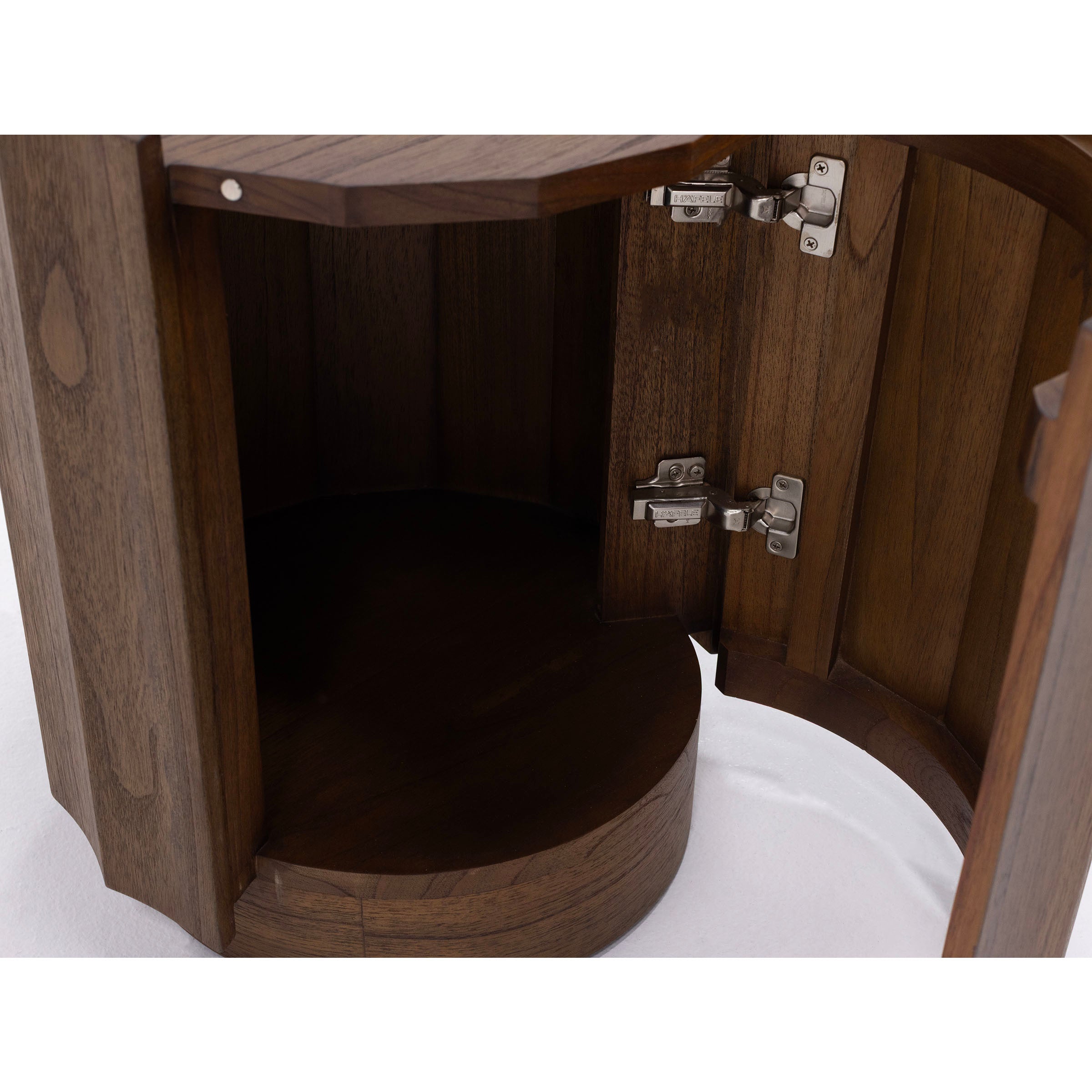 Open wooden cabinet with two hinged doors and round interior shelf.