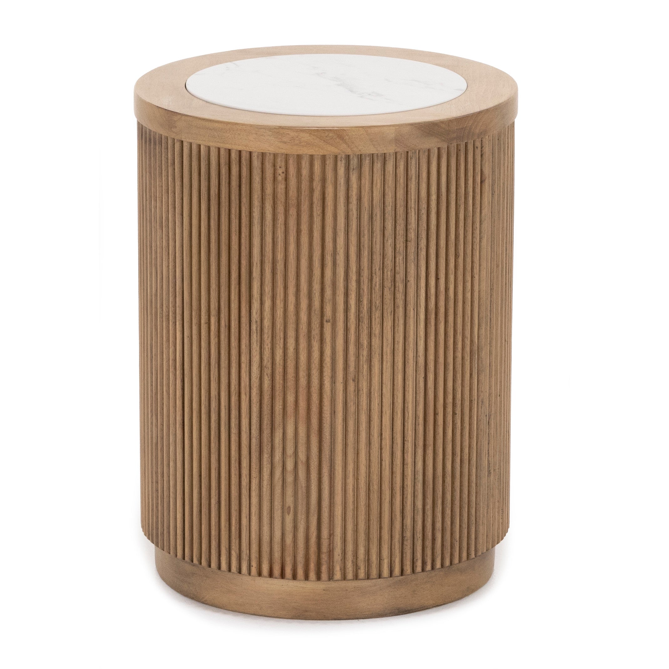 Round wooden side table with fluted base and white marble top.