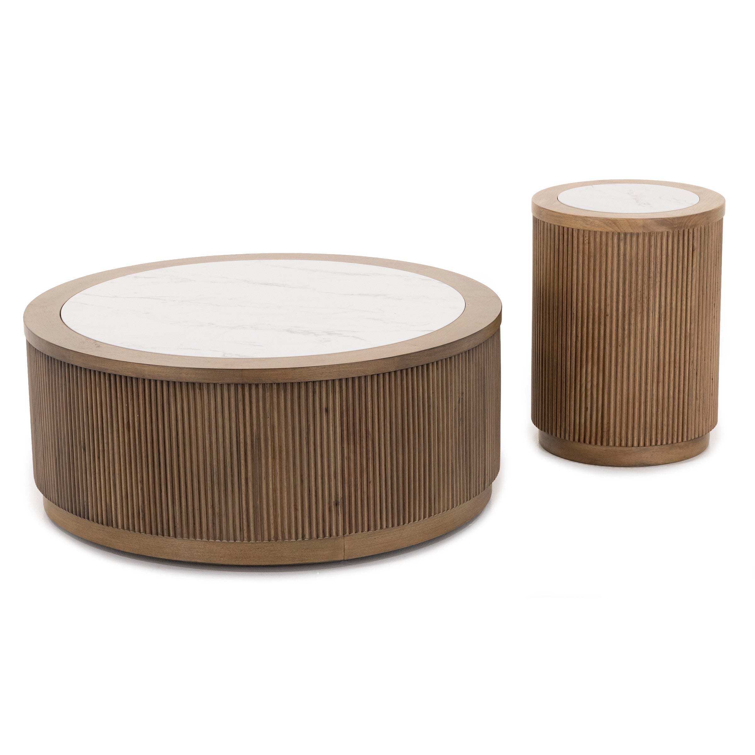 Round coffee table and side table with wood base and white marble tops.