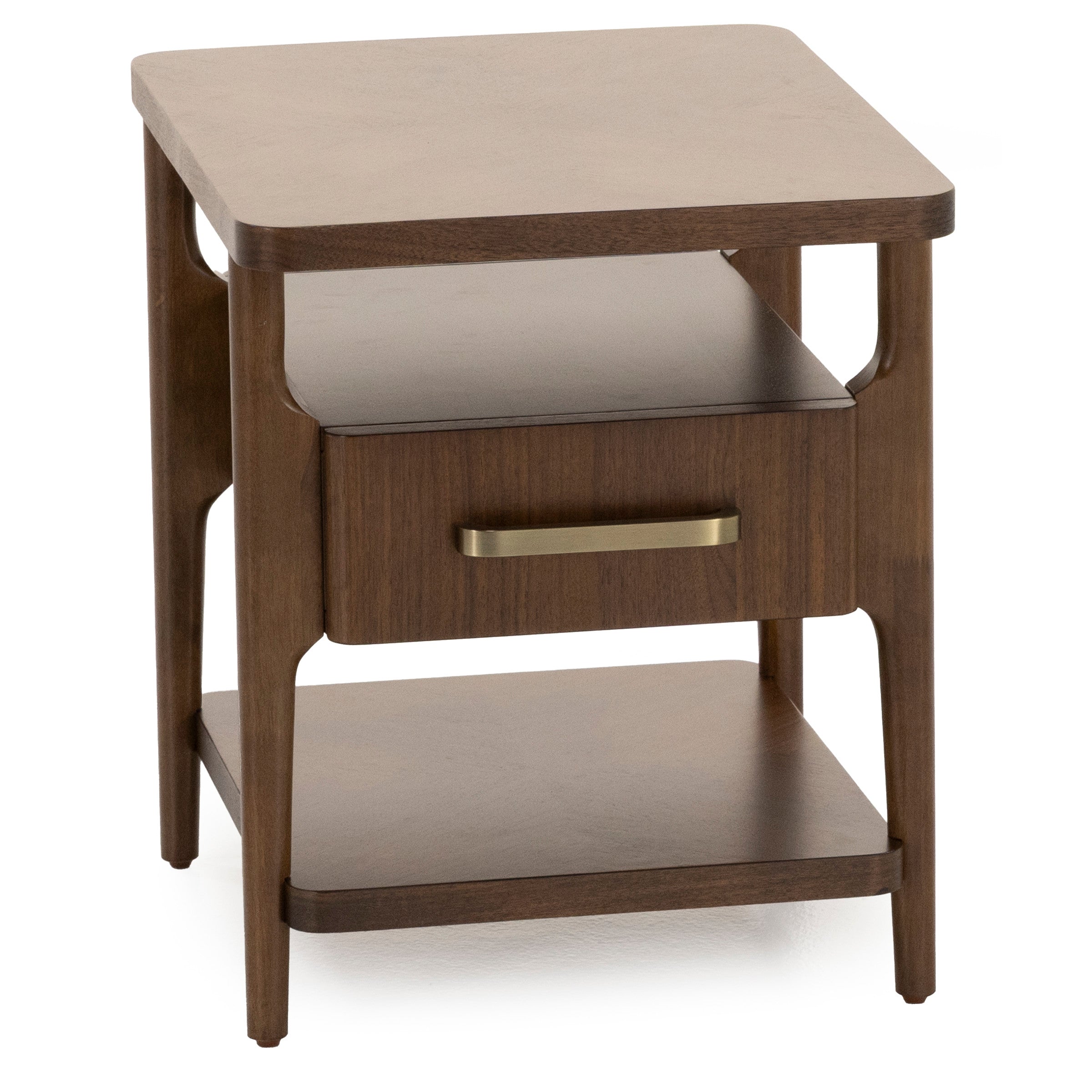 Mid-century walnut nightstand with drawer and open shelves.