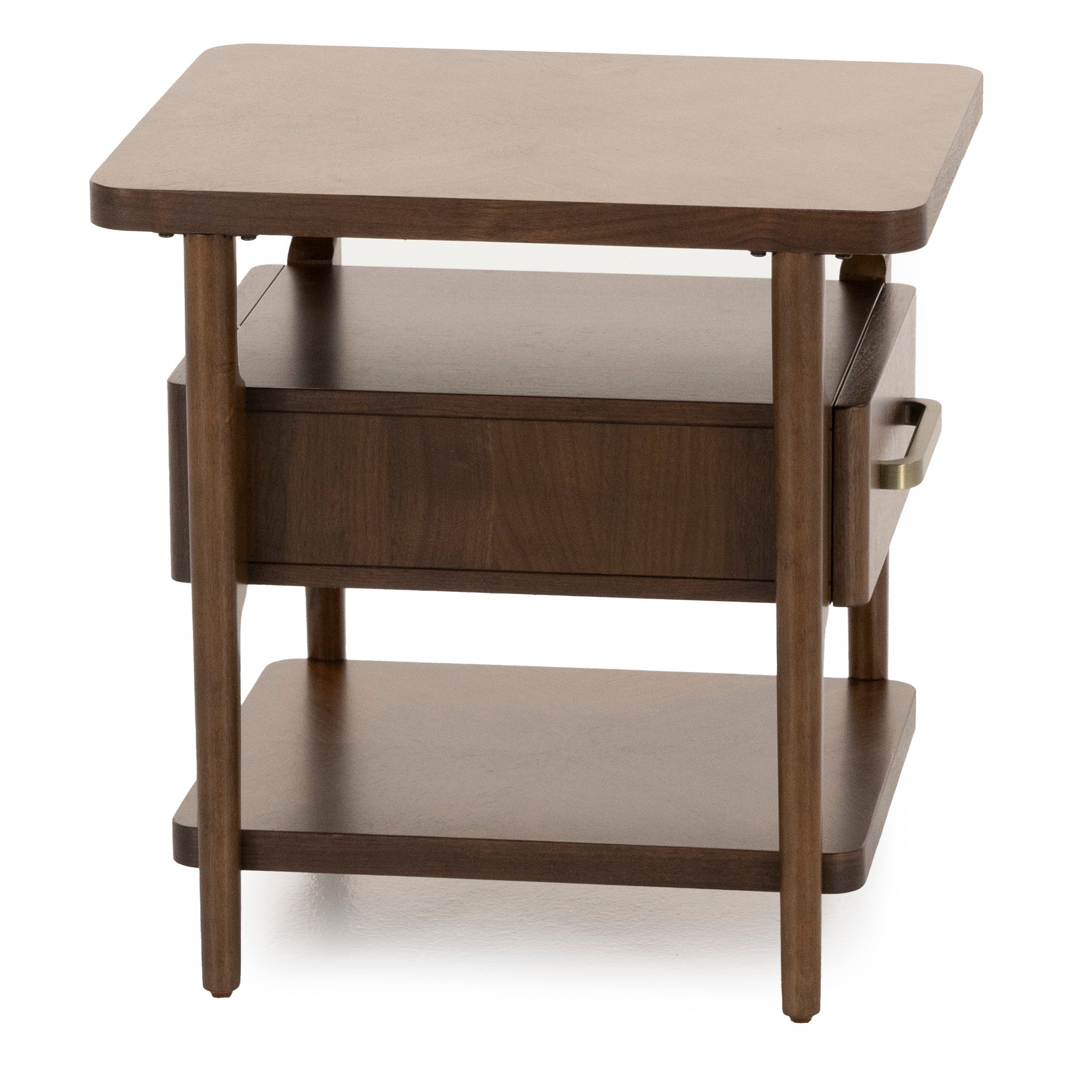 Mid-century modern brown wood side table with a drawer and open shelf.