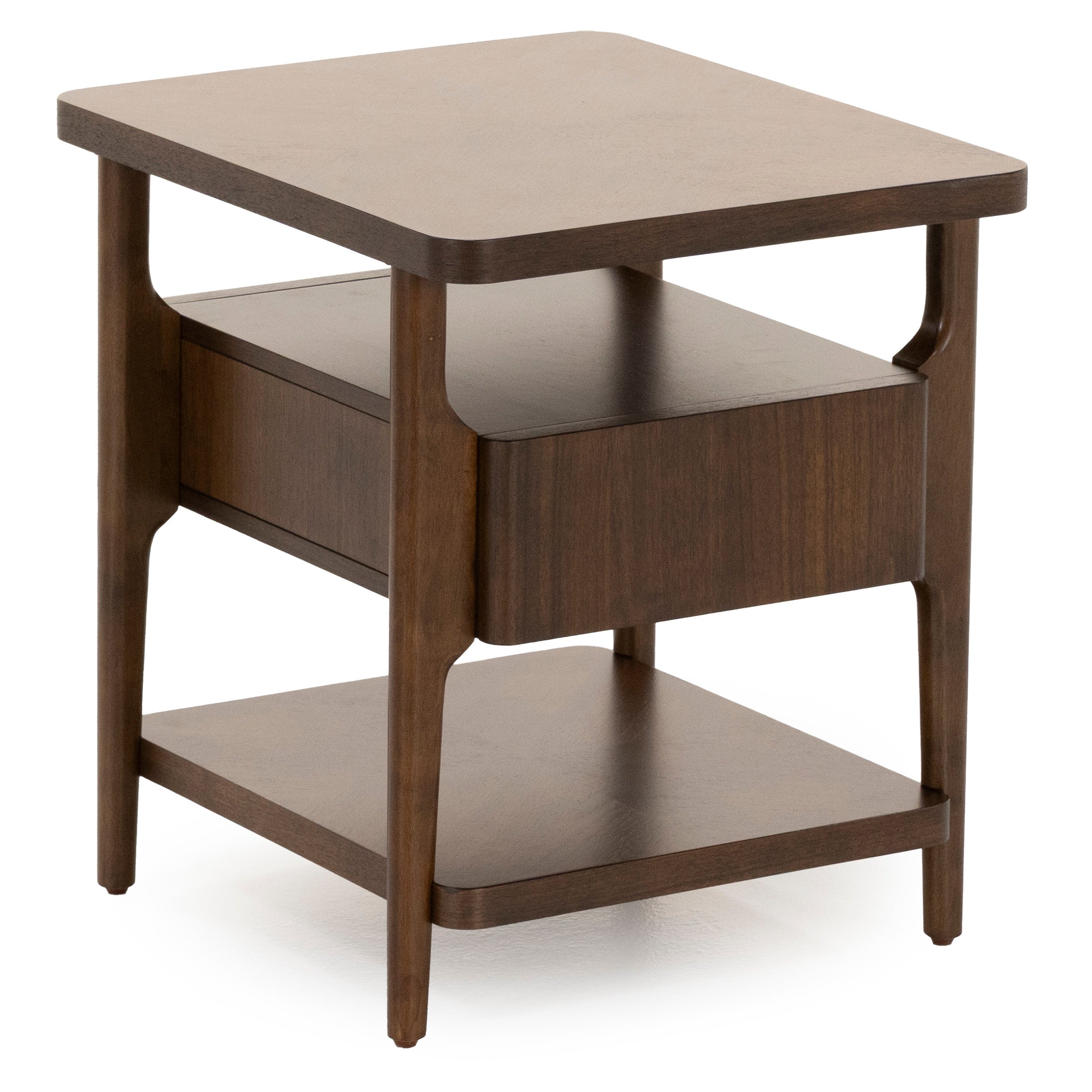 Mid-century modern square wood end table with open shelf and drawer.