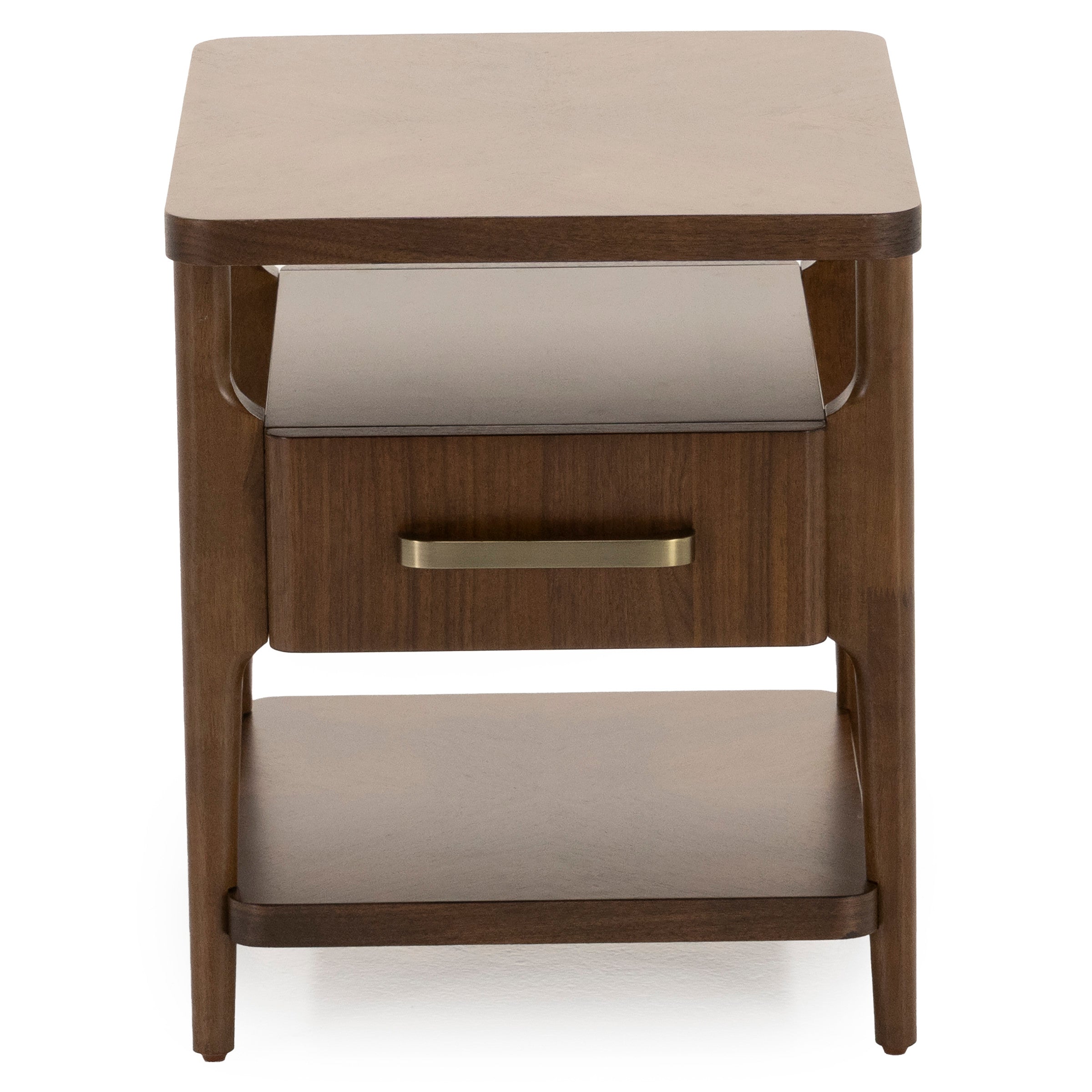 Mid-century modern wood nightstand with drawer and shelf.