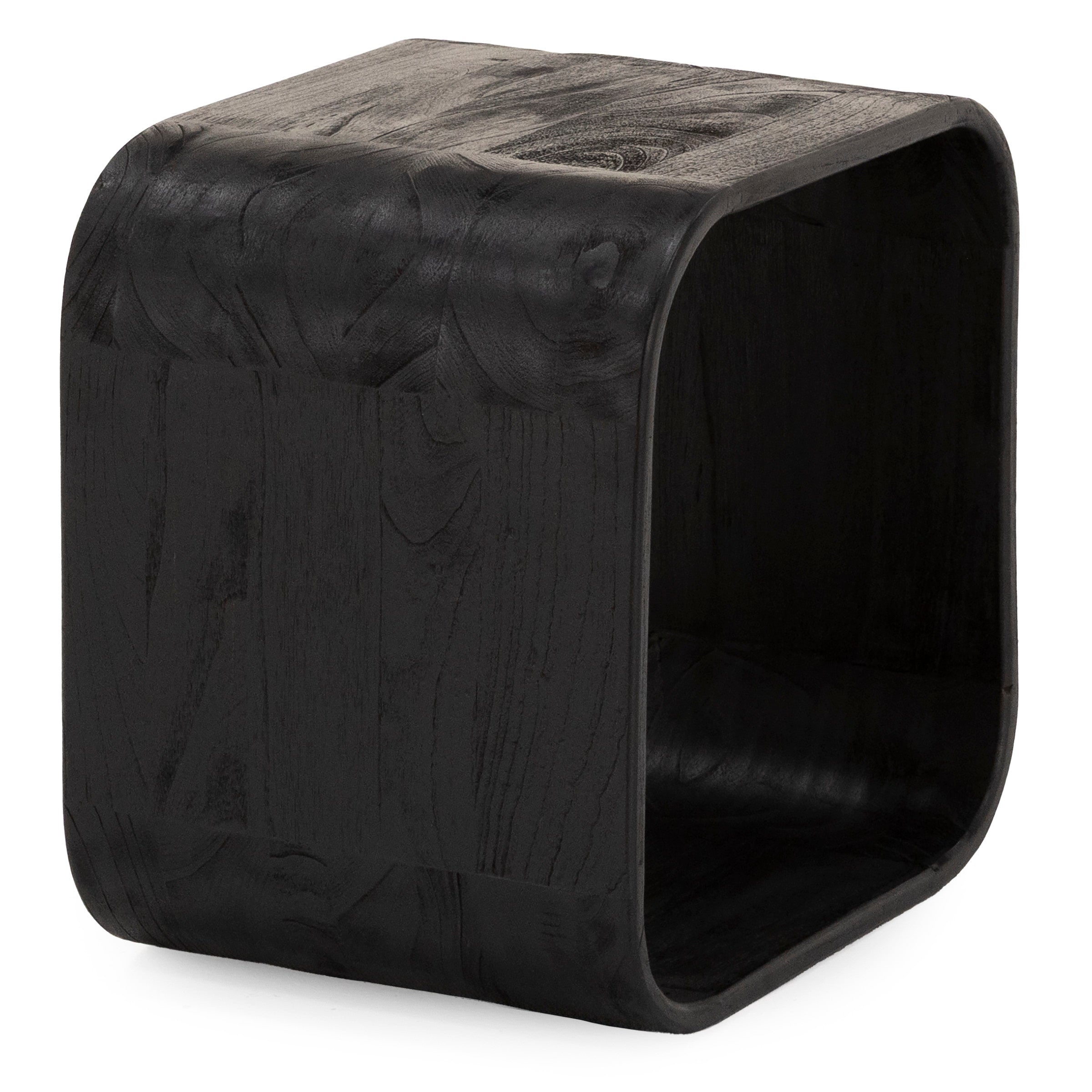 Black square wood side table with rounded edges.