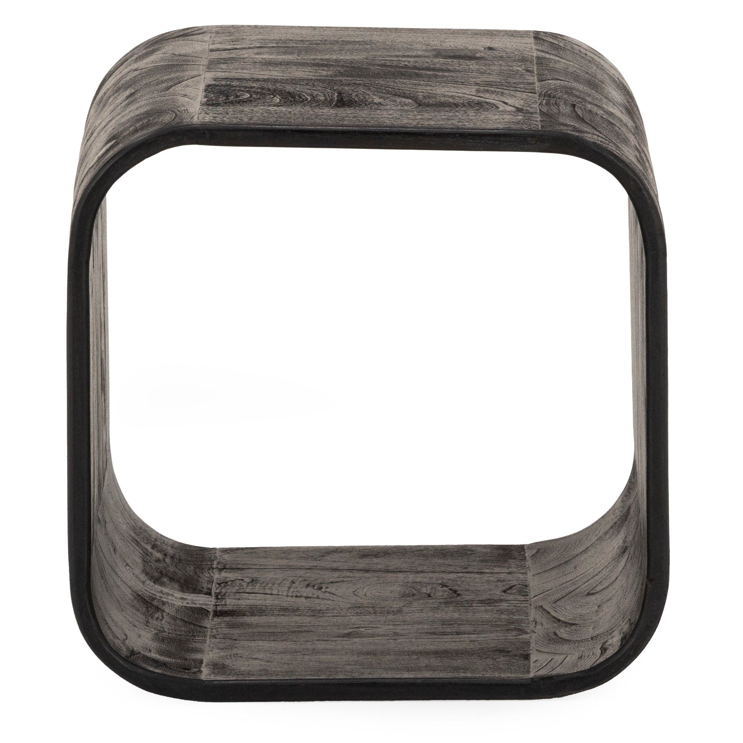Square, open wood accent table with rounded corners and a dark weathered finish.