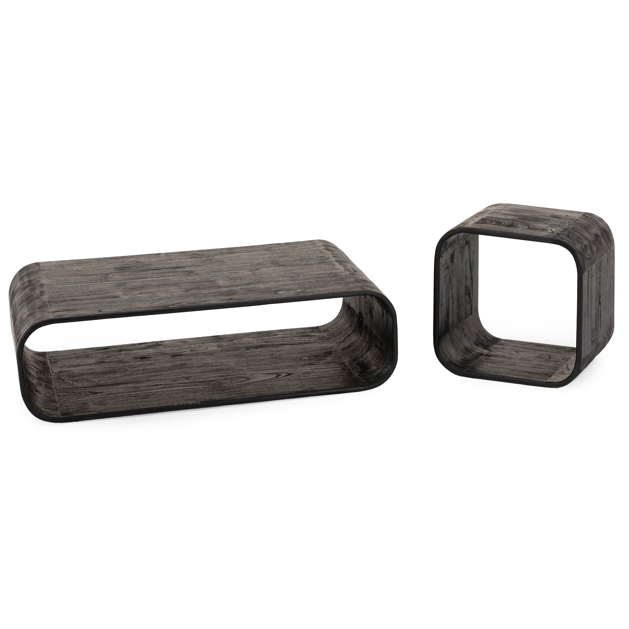 Two modern wood tables with rounded corners in dark finish, one rectangular and one square.