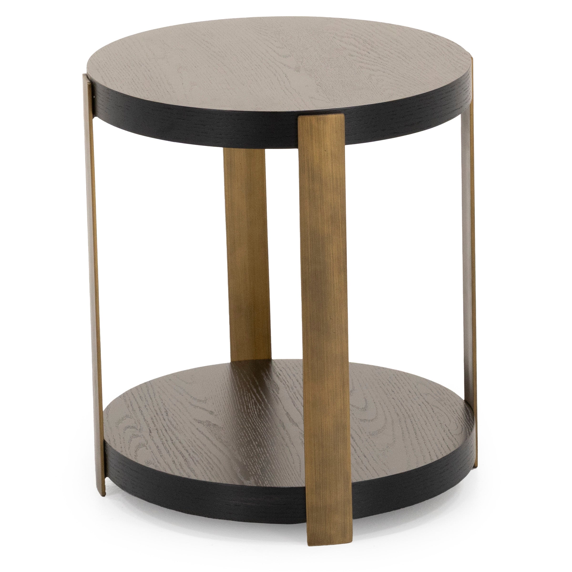 Round wood side table with metal legs and a lower shelf.