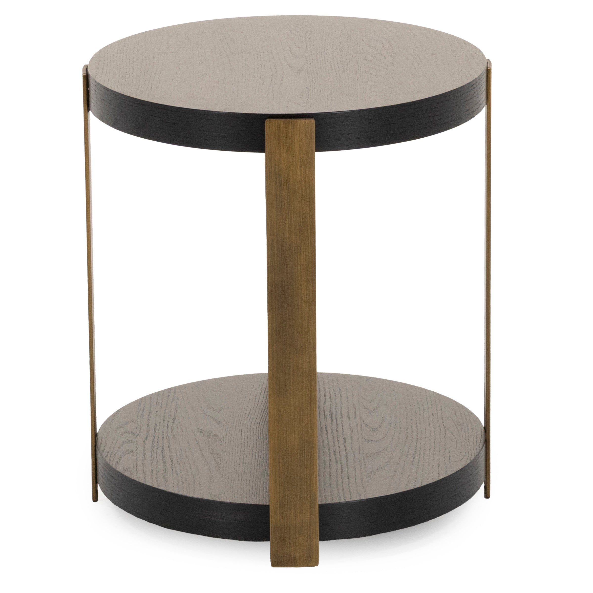 Round modern accent table with wood shelves and brass metal supports.