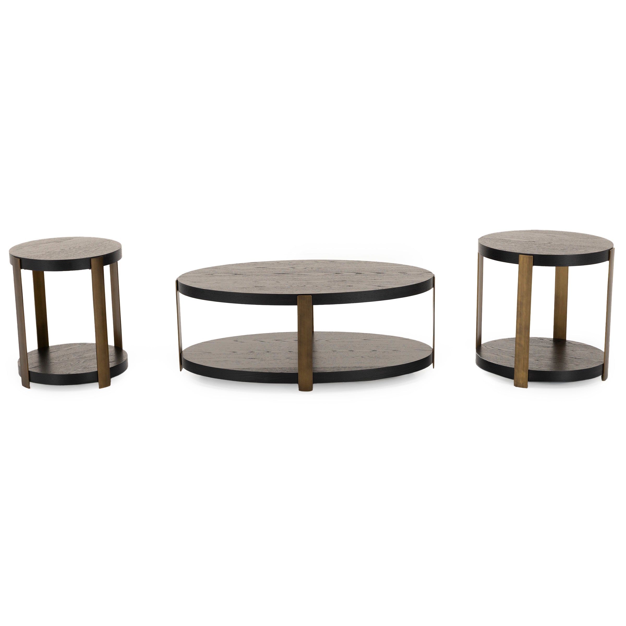 Set of two round end tables and one round coffee table with wood tops and bronze legs.
