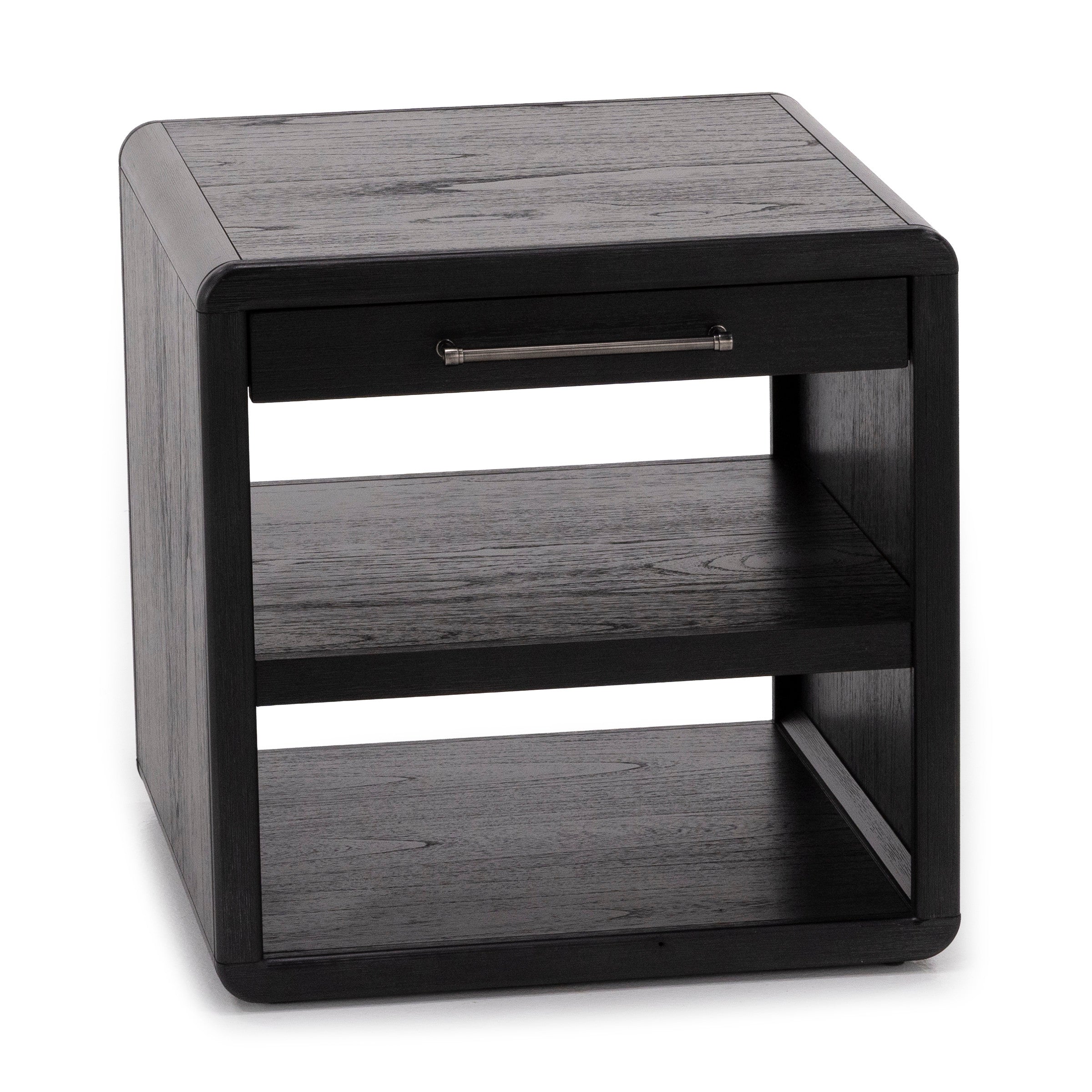 Black wood nightstand with one drawer and two open shelves.