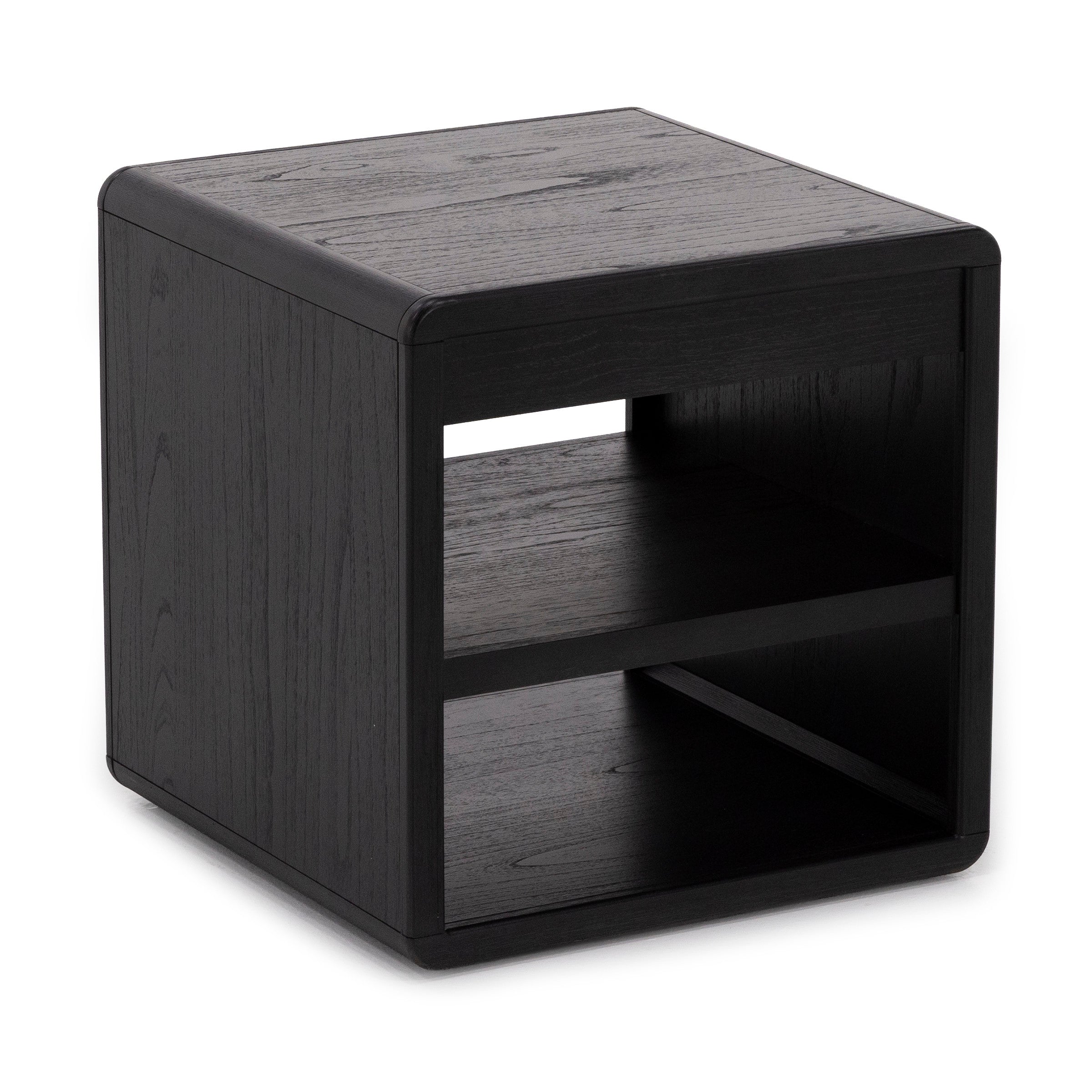 Black wood cube side table with two open shelves.
