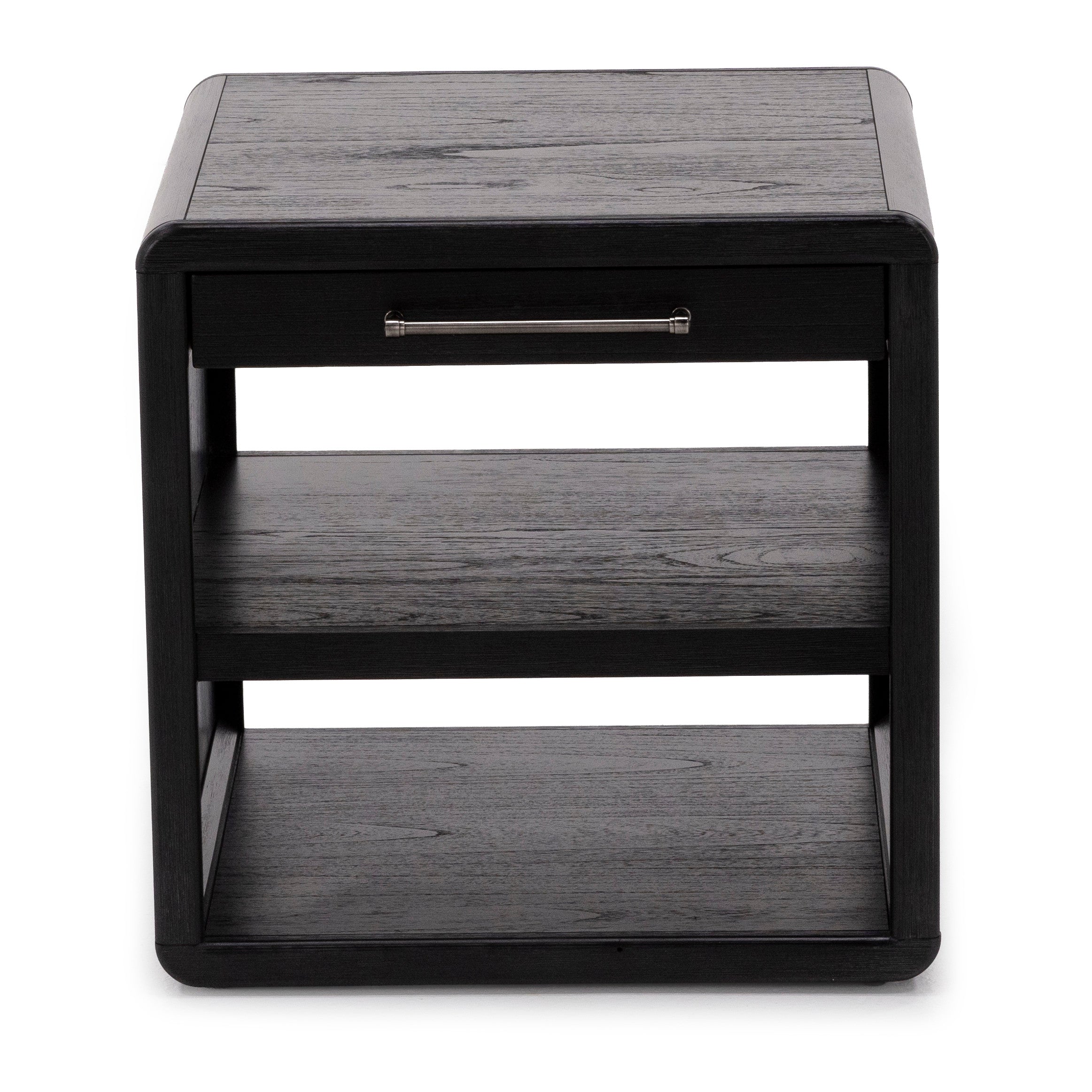 Square black nightstand with a drawer and two open shelves.