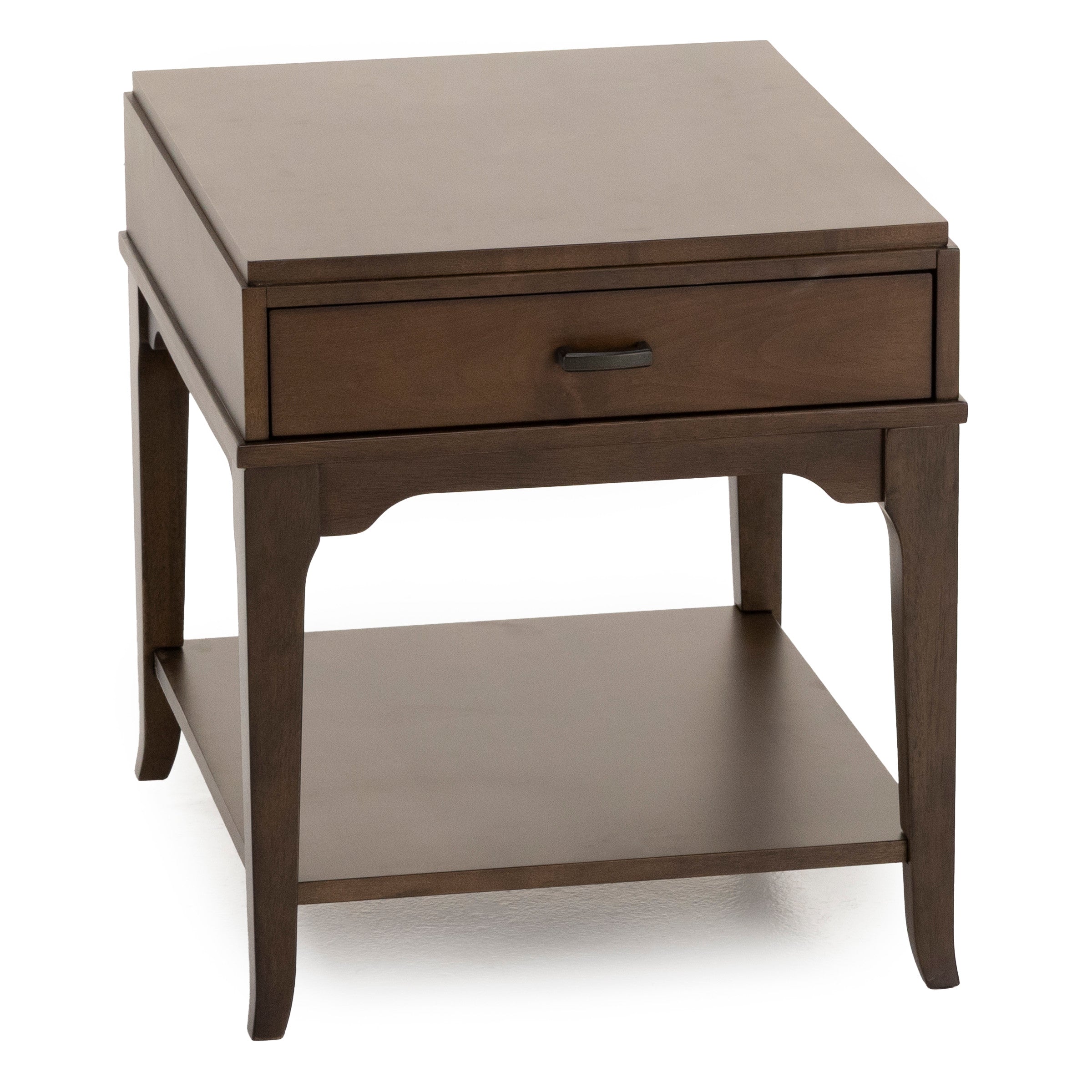 Square wooden end table with a single drawer and lower shelf.