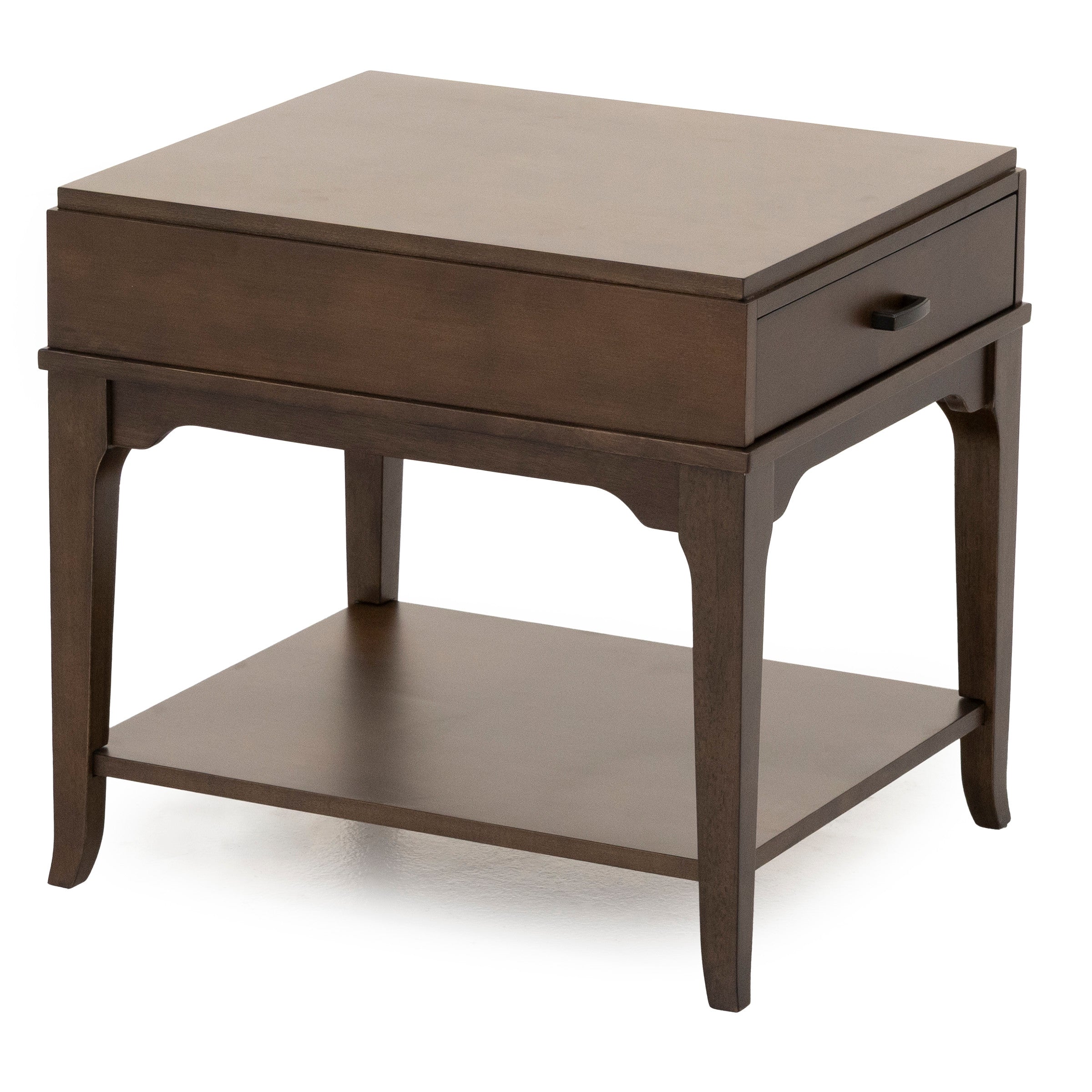 Dark wood end table with single drawer and lower shelf.